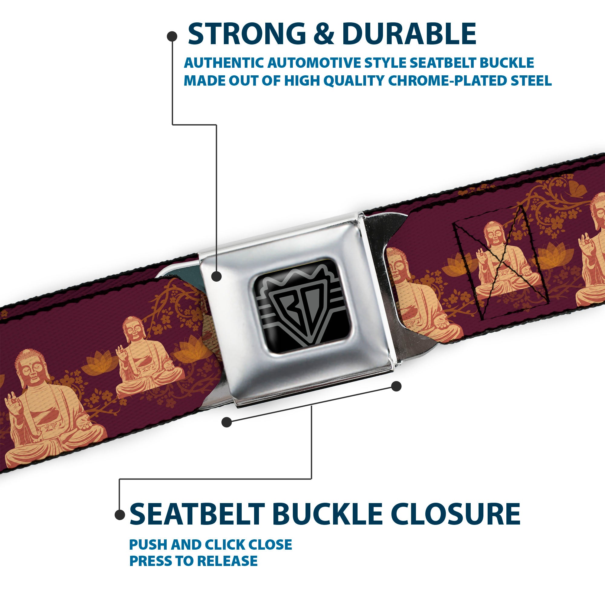 BD Wings Logo CLOSE-UP Full Color Black Silver Seatbelt Belt - Buddha Sitting/Floral Collage Burgundy/Golden Yellows Webbing Seatbelt Belts Buckle-Down