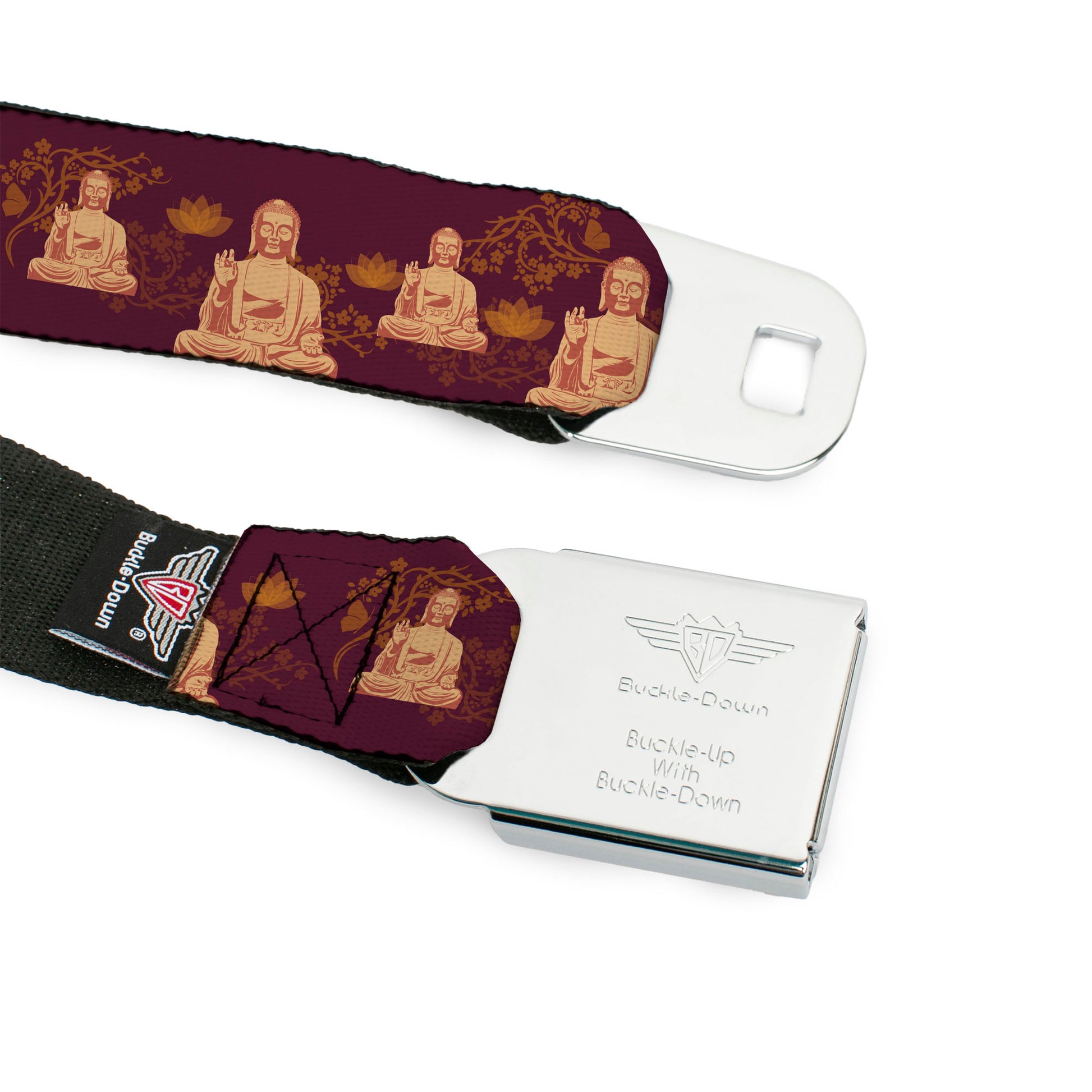 BD Wings Logo CLOSE-UP Full Color Black Silver Seatbelt Belt - Buddha Sitting/Floral Collage Burgundy/Golden Yellows Webbing Seatbelt Belts Buckle-Down