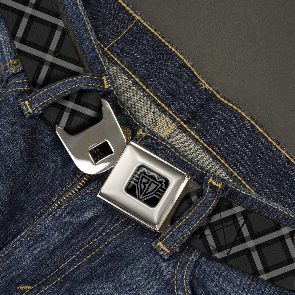 BD Wings Logo CLOSE-UP Black/Silver Seatbelt Belt - Buffalo Plaid X Charcoal/Black/Gray Webbing Seatbelt Belts Buckle-Down