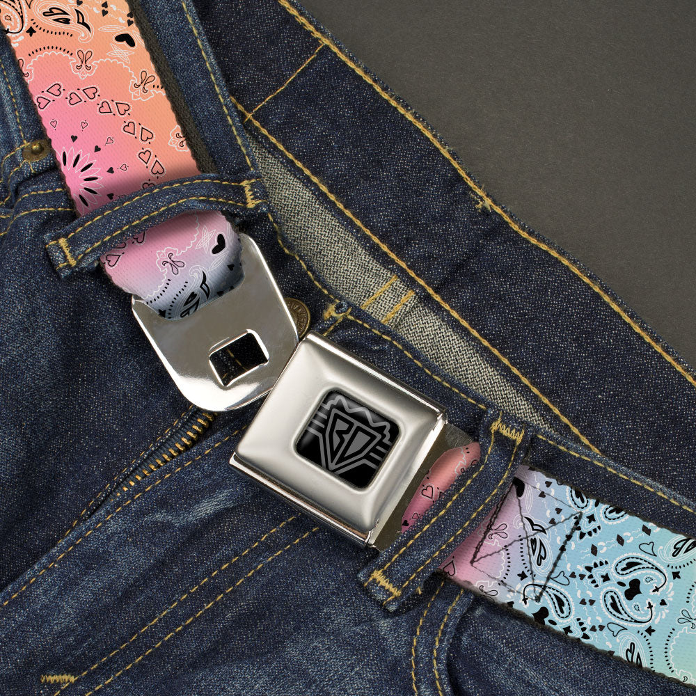 BD Wings Logo CLOSE-UP Black/Silver Seatbelt Belt - Bandana Paisley Ombre Pastel/Black Webbing Seatbelt Belts Buckle-Down