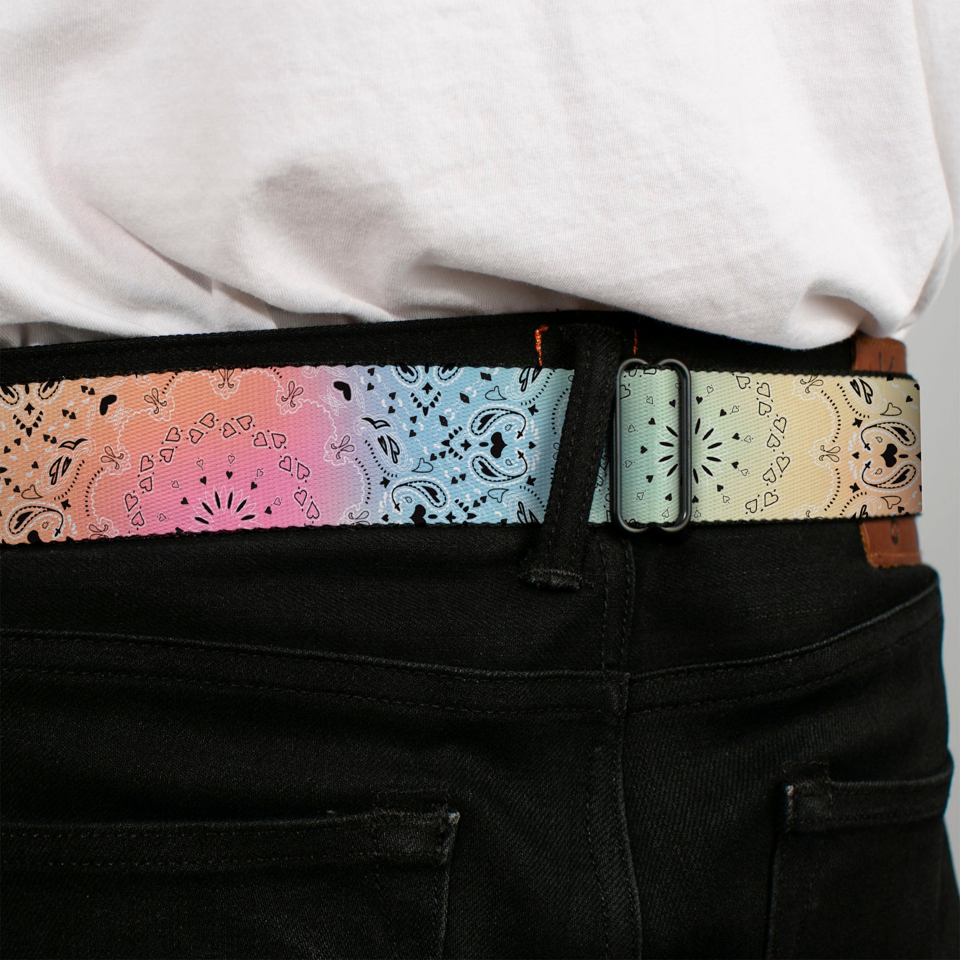 BD Wings Logo CLOSE-UP Black/Silver Seatbelt Belt - Bandana Paisley Ombre Pastel/Black Webbing Seatbelt Belts Buckle-Down