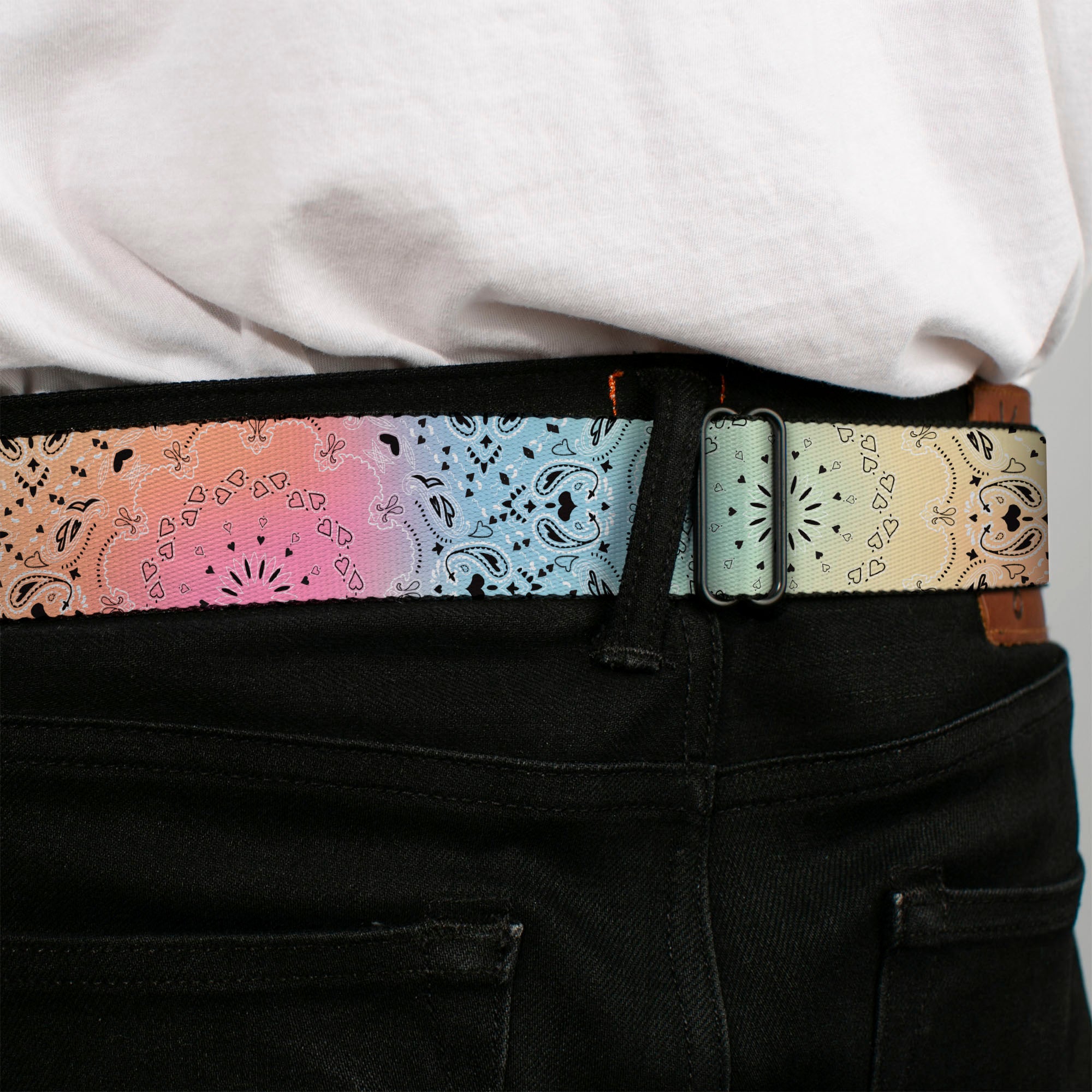 BD Wings Logo CLOSE-UP Black/Silver Seatbelt Belt - Bandana Paisley Ombre Pastel/Black Webbing Seatbelt Belts Buckle-Down