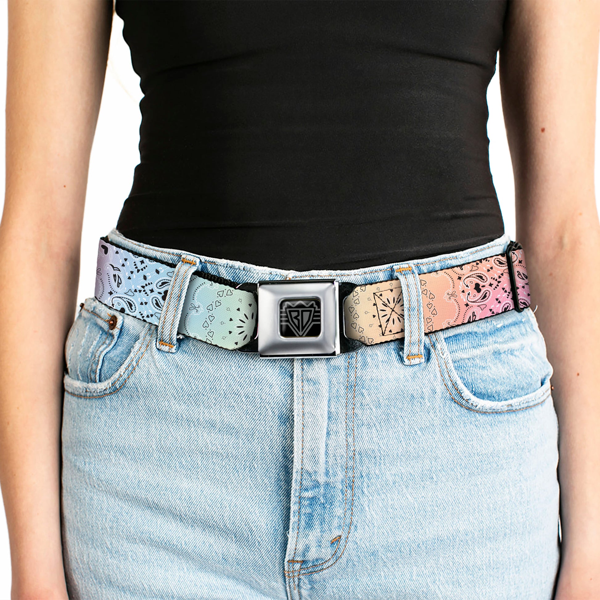 BD Wings Logo CLOSE-UP Black/Silver Seatbelt Belt - Bandana Paisley Ombre Pastel/Black Webbing Seatbelt Belts Buckle-Down