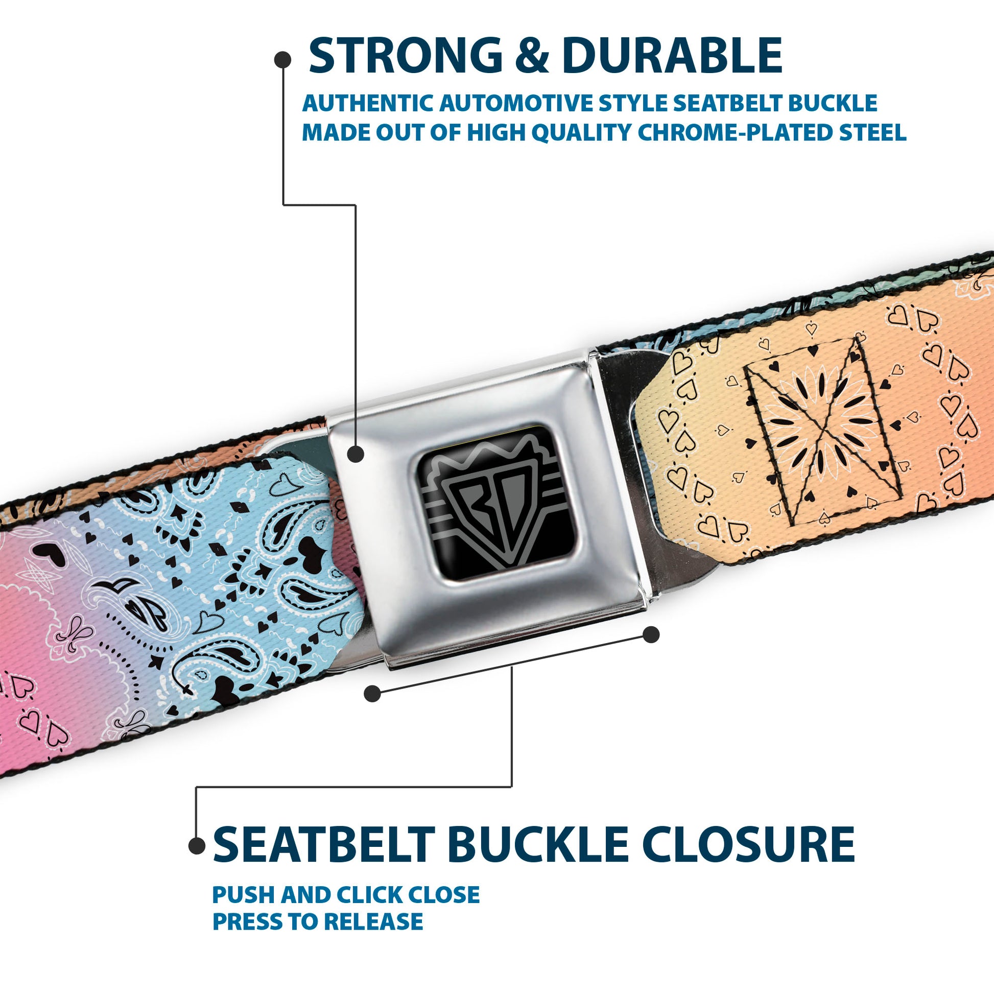 BD Wings Logo CLOSE-UP Black/Silver Seatbelt Belt - Bandana Paisley Ombre Pastel/Black Webbing Seatbelt Belts Buckle-Down