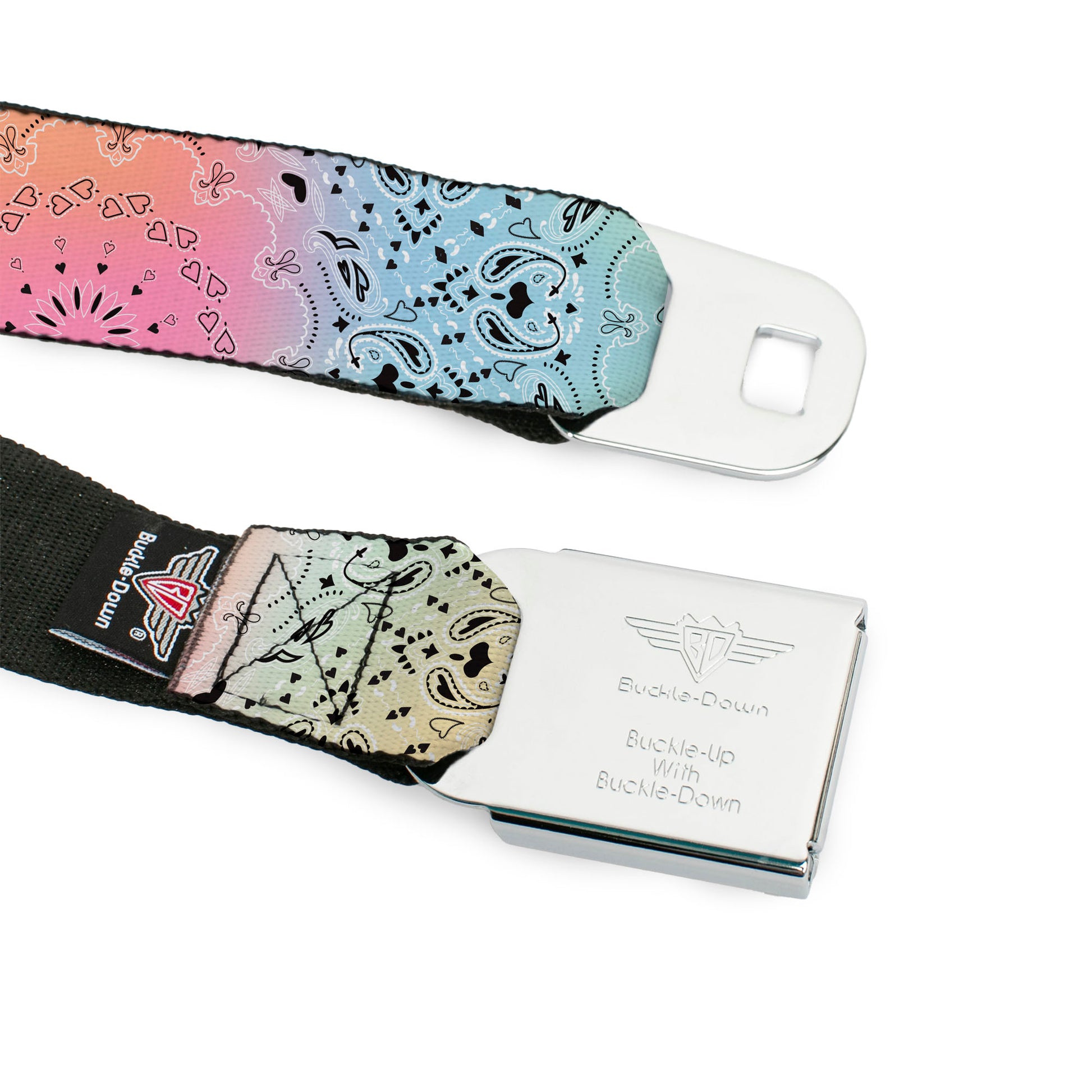 BD Wings Logo CLOSE-UP Black/Silver Seatbelt Belt - Bandana Paisley Ombre Pastel/Black Webbing Seatbelt Belts Buckle-Down