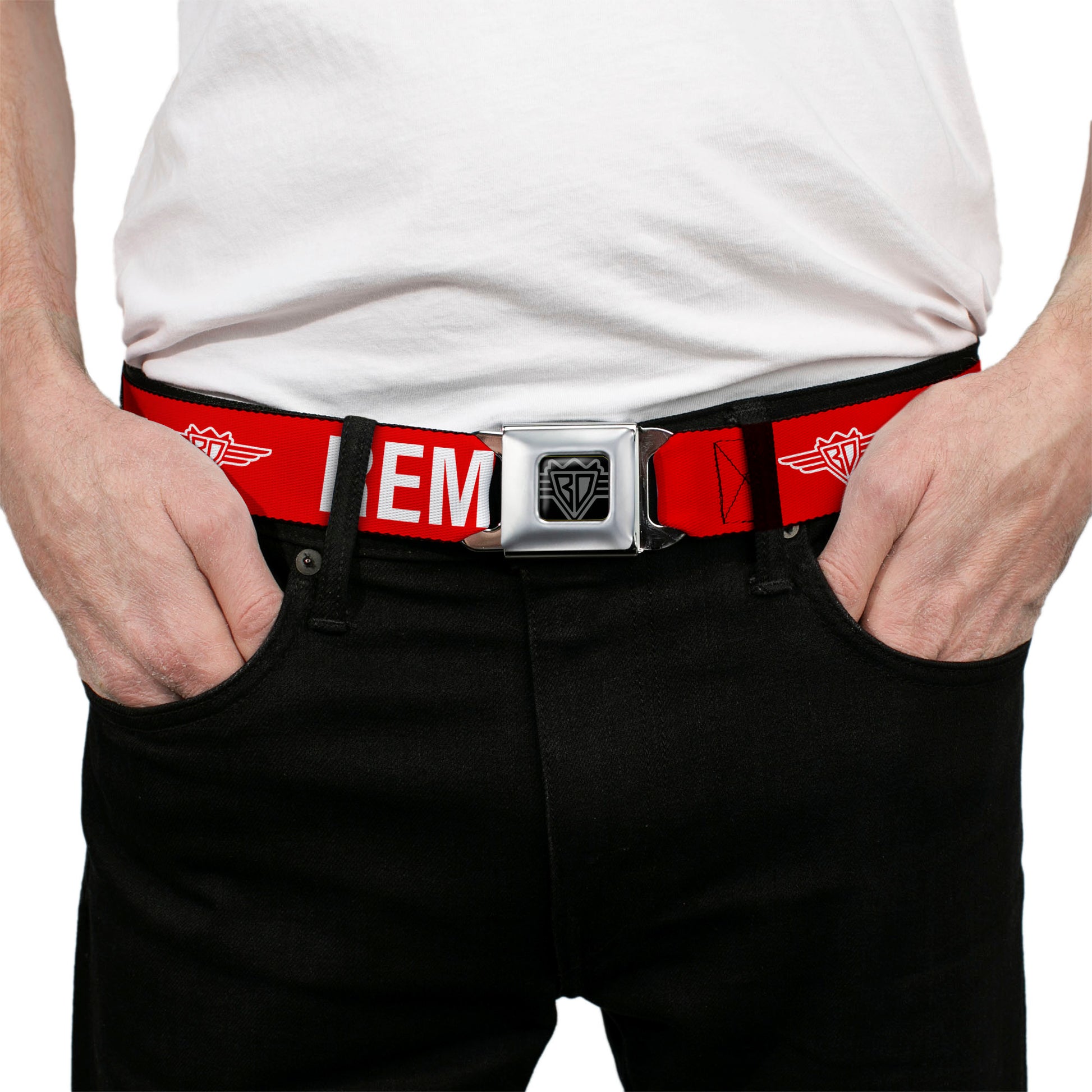 BD Wings Logo CLOSE-UP Black/Silver Seatbelt Belt - Buckle-Down REMOVE BEFORE FLIGHT Red/White Webbing Seatbelt Belts Buckle-Down