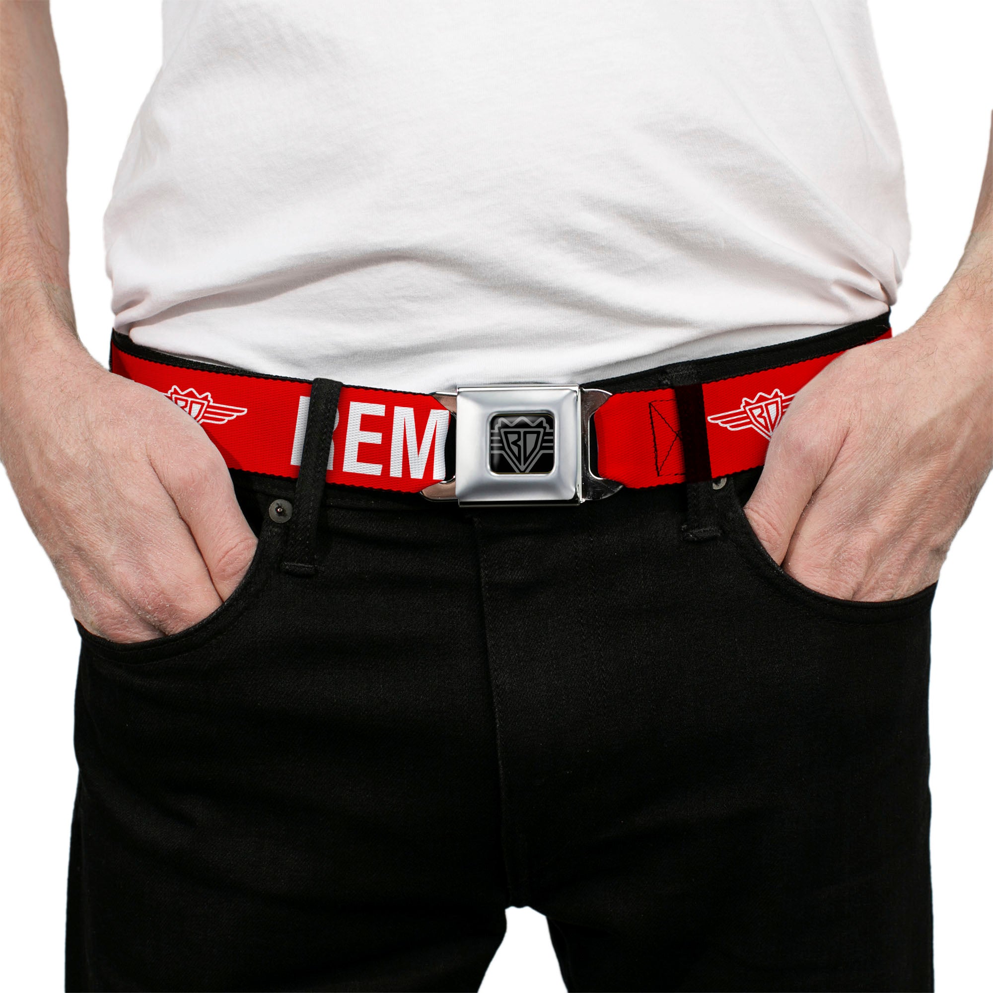 BD Wings Logo CLOSE-UP Black/Silver Seatbelt Belt - Buckle-Down REMOVE BEFORE FLIGHT Red/White Webbing Seatbelt Belts Buckle-Down