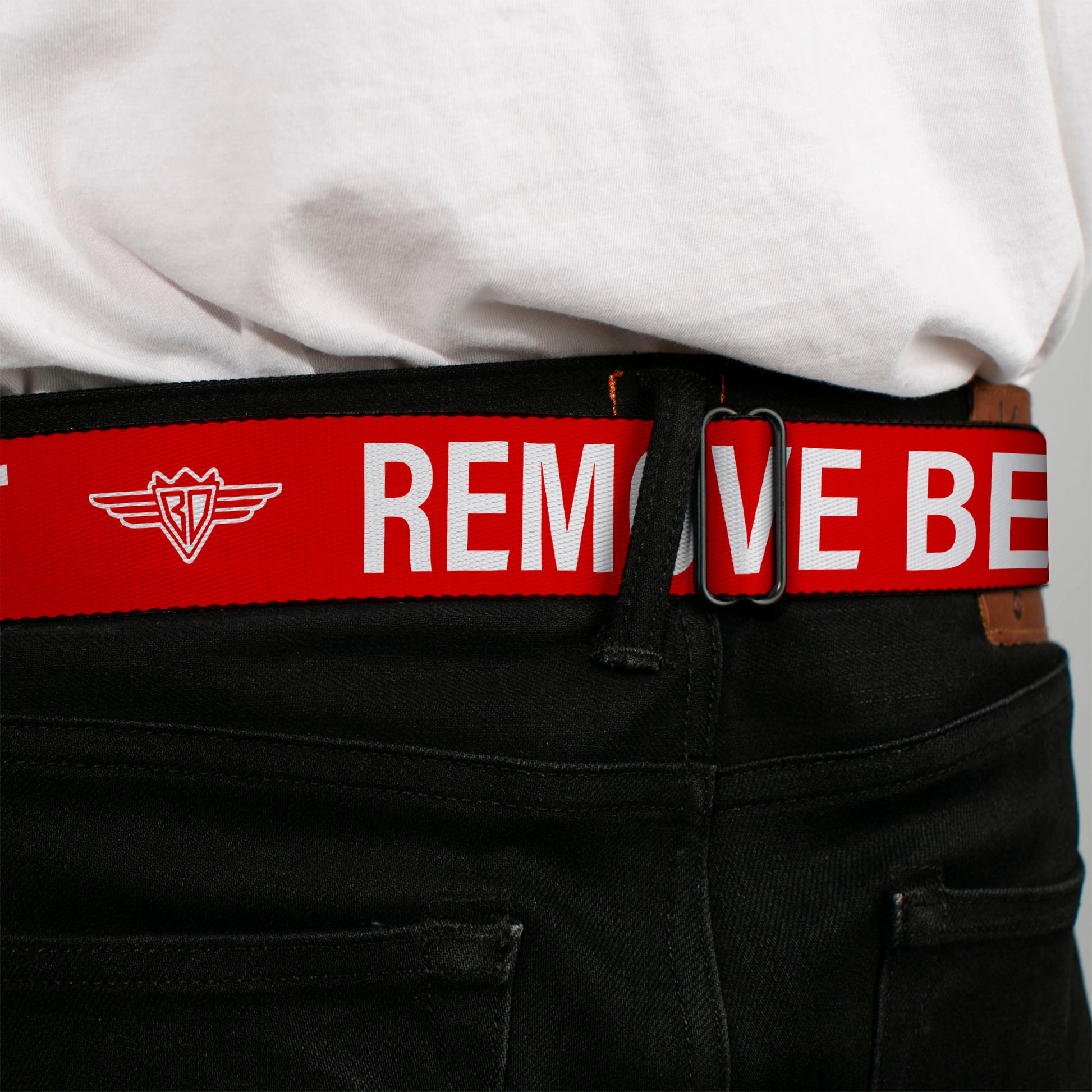 BD Wings Logo CLOSE-UP Black/Silver Seatbelt Belt - Buckle-Down REMOVE BEFORE FLIGHT Red/White Webbing Seatbelt Belts Buckle-Down