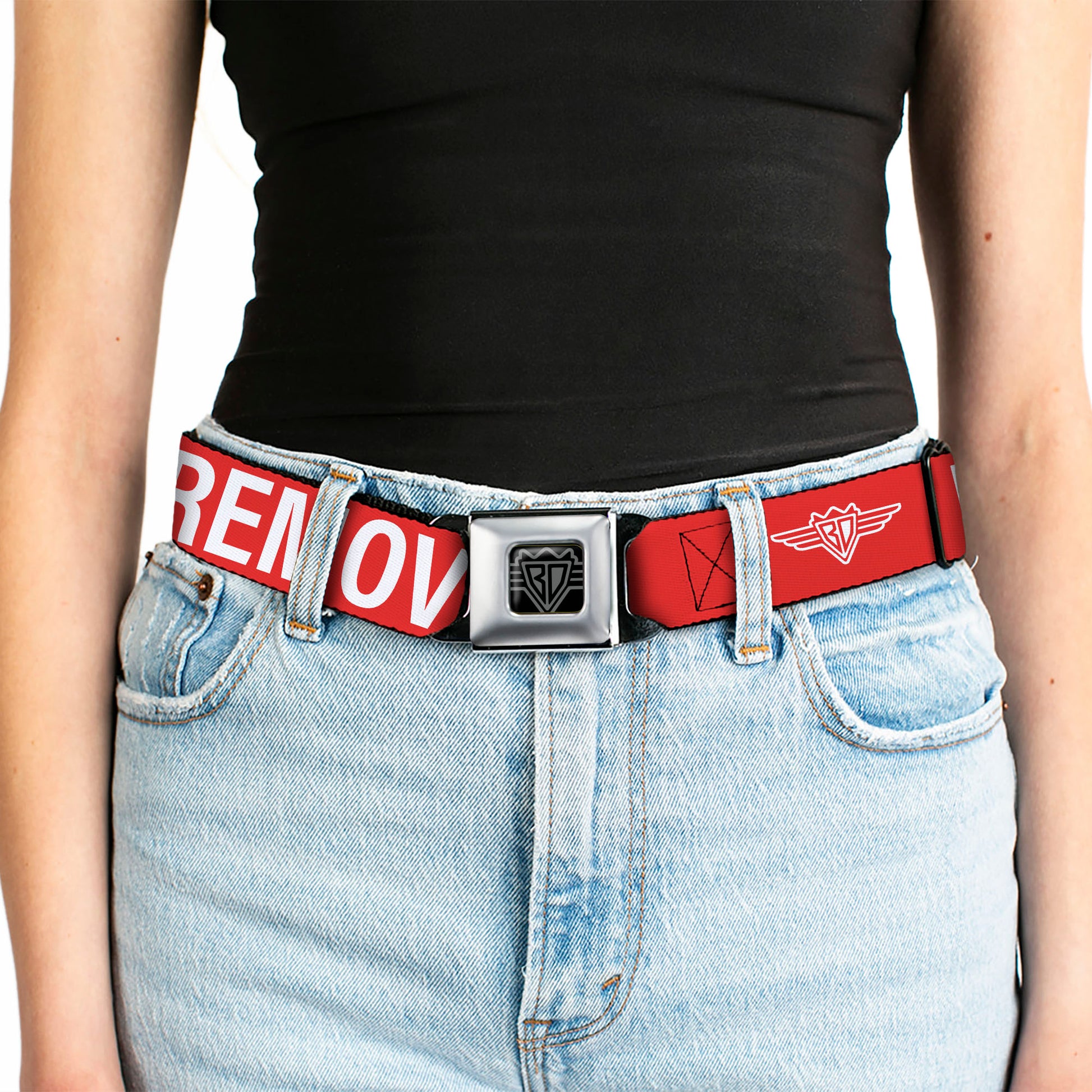 BD Wings Logo CLOSE-UP Black/Silver Seatbelt Belt - Buckle-Down REMOVE BEFORE FLIGHT Red/White Webbing Seatbelt Belts Buckle-Down