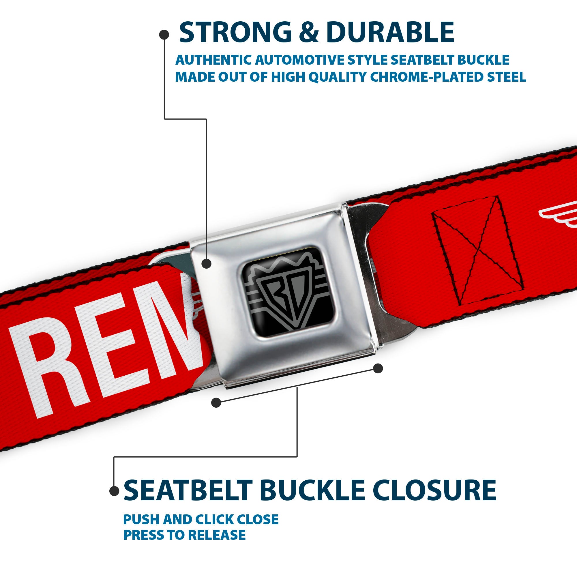 BD Wings Logo CLOSE-UP Black/Silver Seatbelt Belt - Buckle-Down REMOVE BEFORE FLIGHT Red/White Webbing Seatbelt Belts Buckle-Down