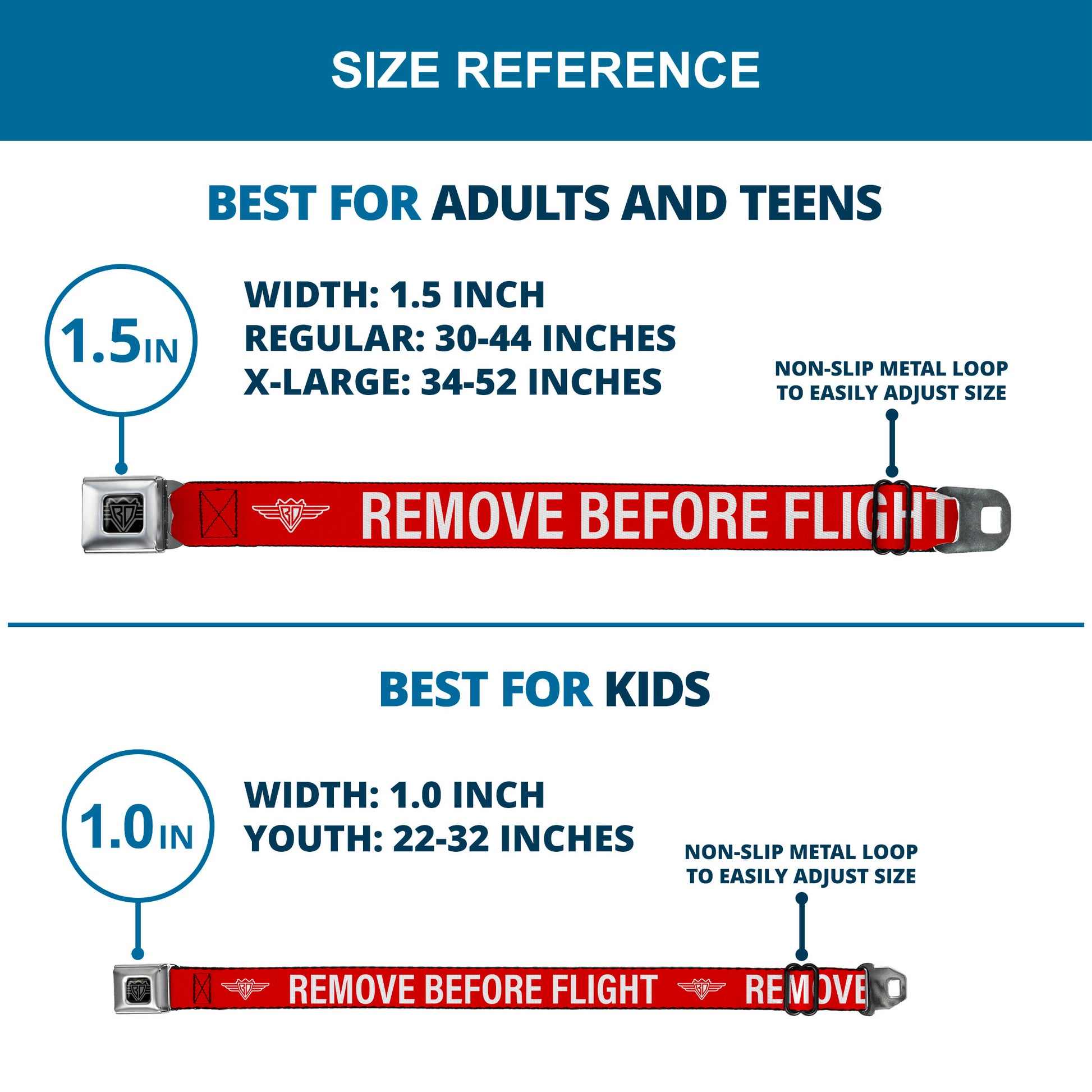 BD Wings Logo CLOSE-UP Black/Silver Seatbelt Belt - Buckle-Down REMOVE BEFORE FLIGHT Red/White Webbing Seatbelt Belts Buckle-Down