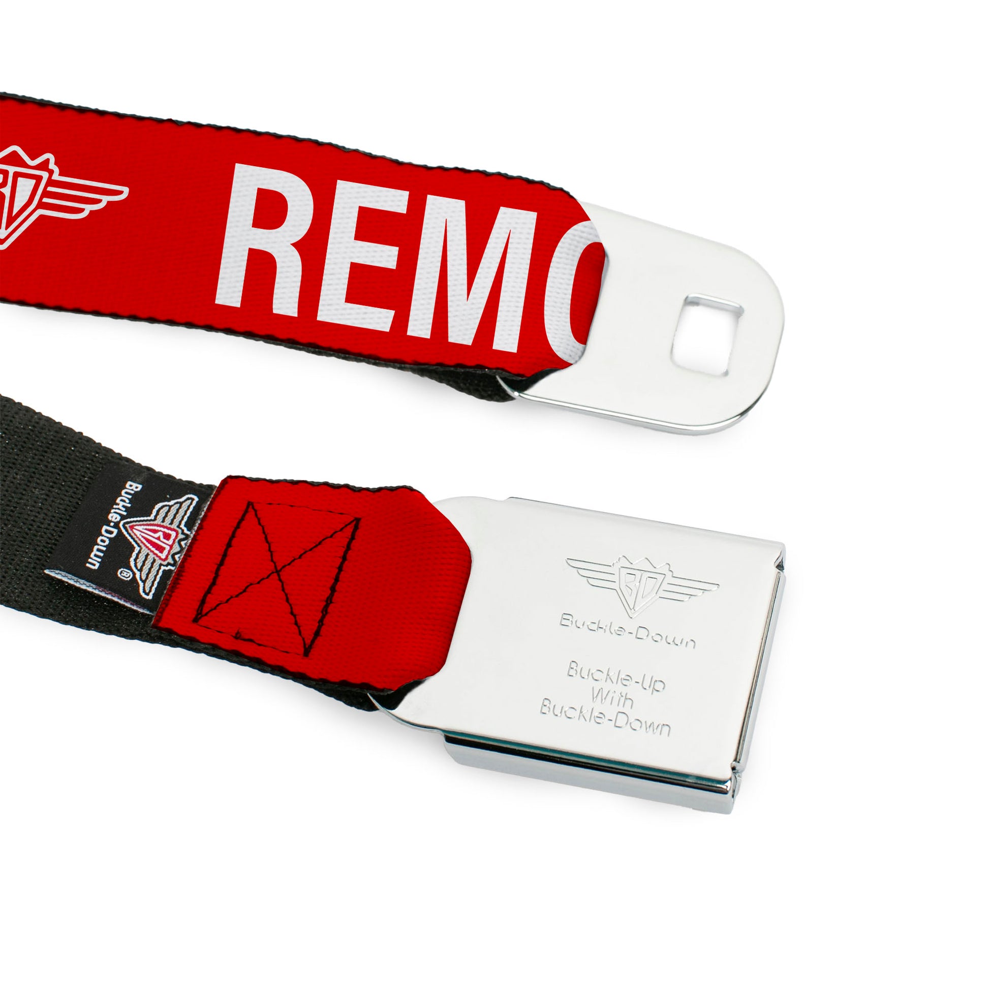 BD Wings Logo CLOSE-UP Black/Silver Seatbelt Belt - Buckle-Down REMOVE BEFORE FLIGHT Red/White Webbing Seatbelt Belts Buckle-Down