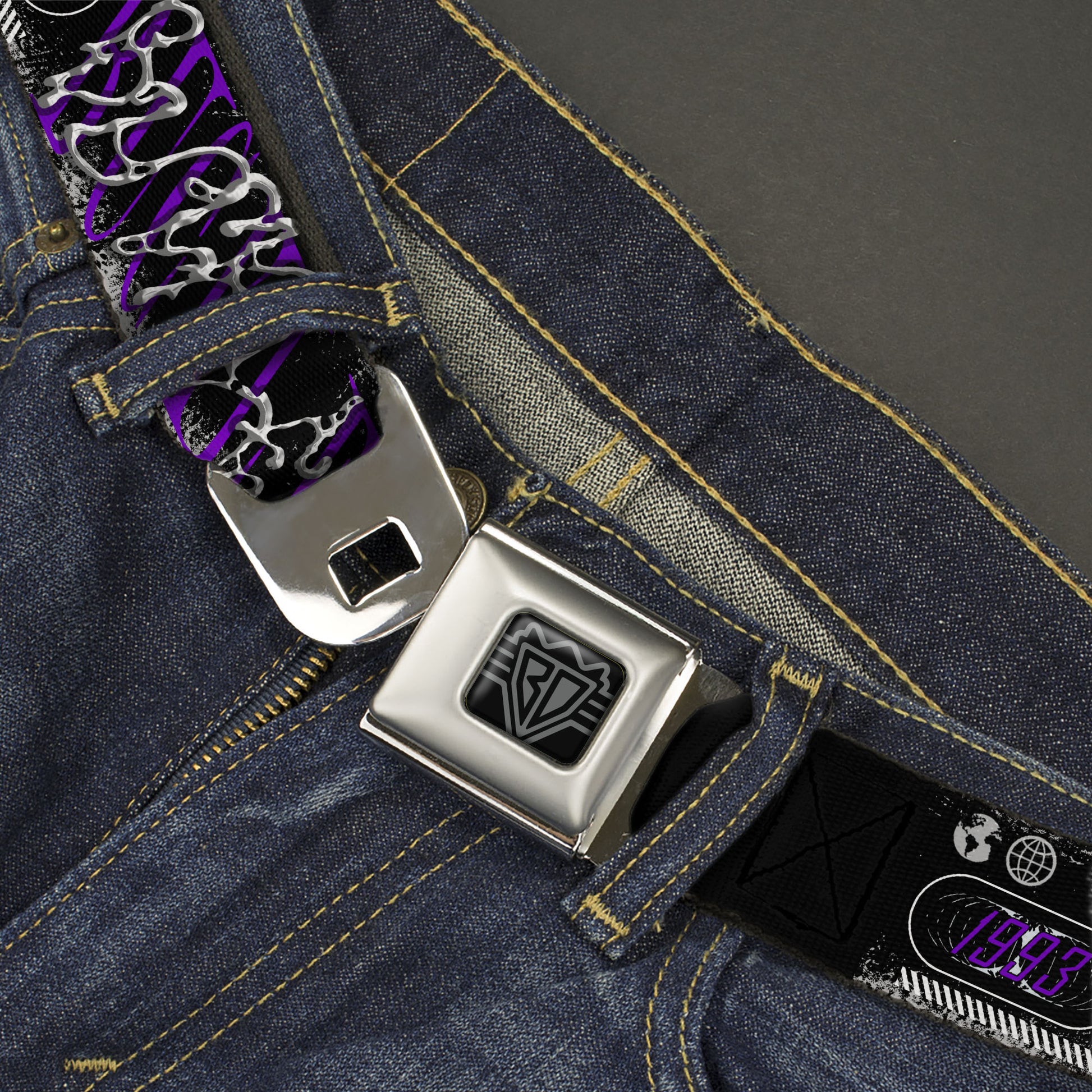 BD Wings Logo CLOSE-UP Black/Silver Seatbelt Belt - BUCKLE-DOWN Cyber Abstract Black/Purple/Grays Webbing Seatbelt Belts Buckle-Down