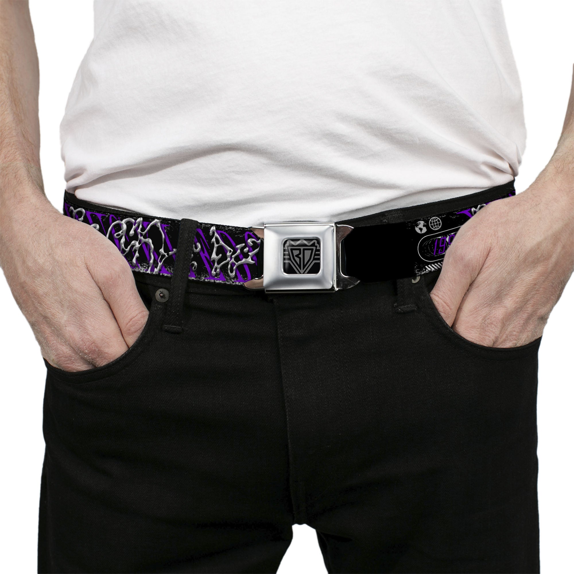 BD Wings Logo CLOSE-UP Black/Silver Seatbelt Belt - BUCKLE-DOWN Cyber Abstract Black/Purple/Grays Webbing Seatbelt Belts Buckle-Down