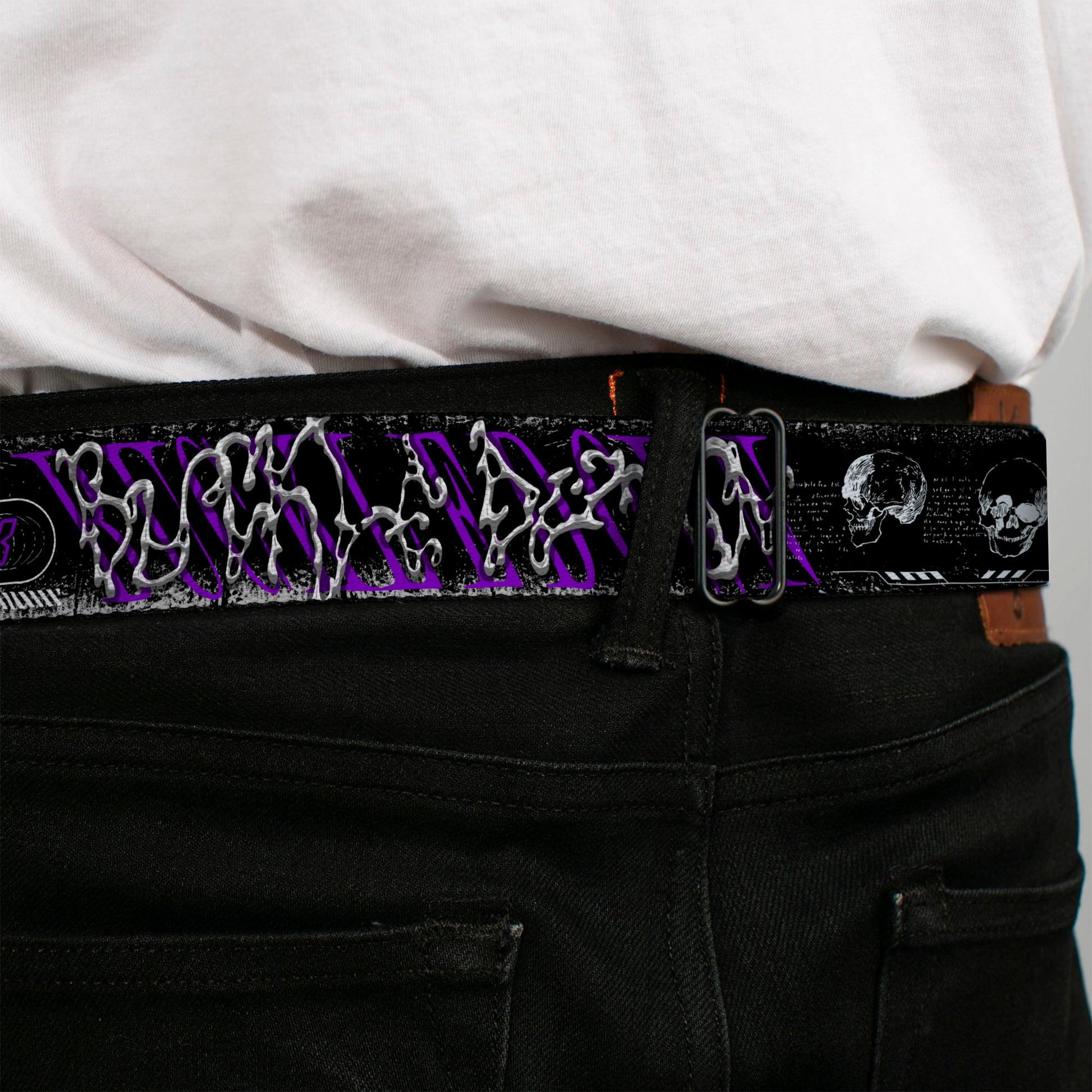 BD Wings Logo CLOSE-UP Black/Silver Seatbelt Belt - BUCKLE-DOWN Cyber Abstract Black/Purple/Grays Webbing Seatbelt Belts Buckle-Down