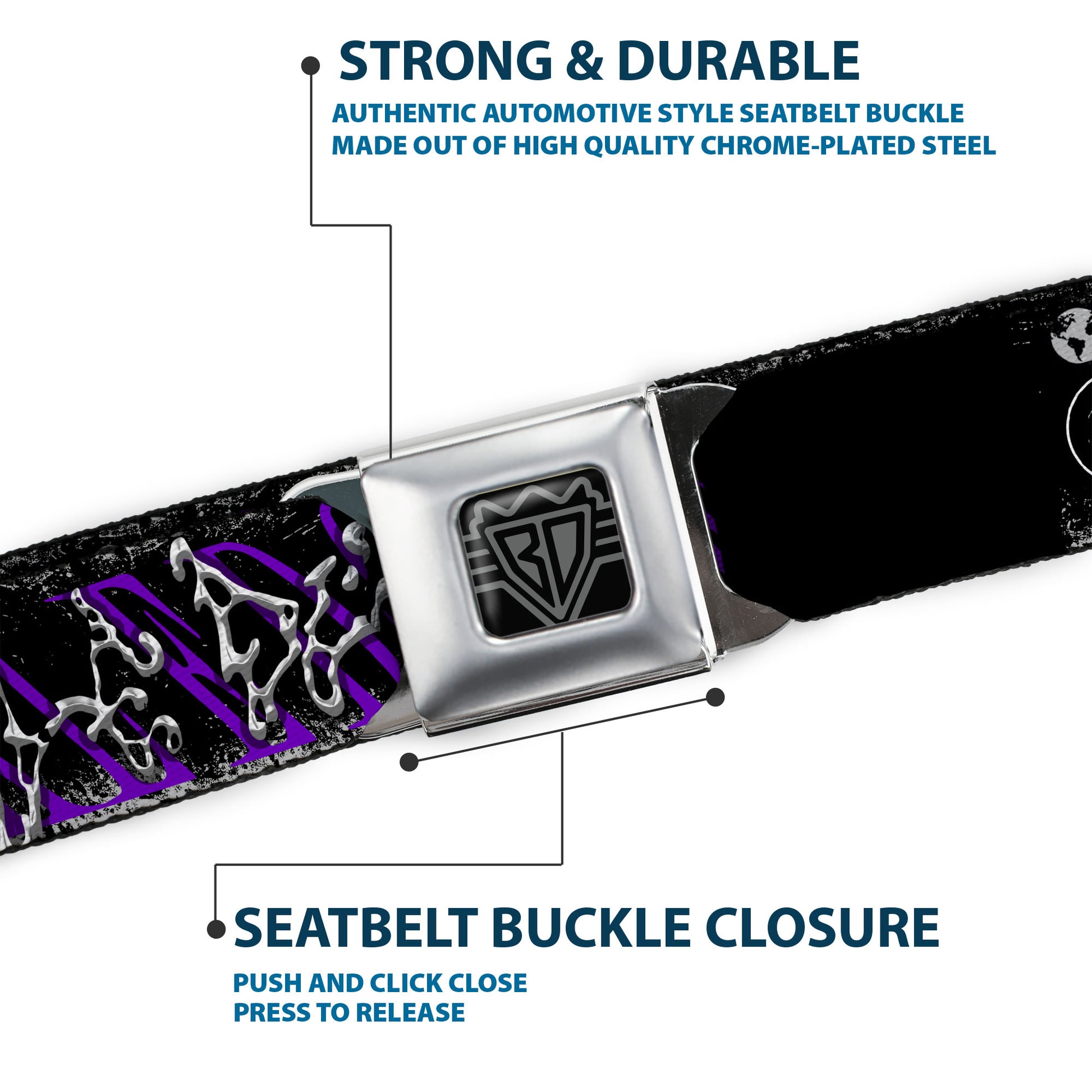 BD Wings Logo CLOSE-UP Black/Silver Seatbelt Belt - BUCKLE-DOWN Cyber Abstract Black/Purple/Grays Webbing Seatbelt Belts Buckle-Down