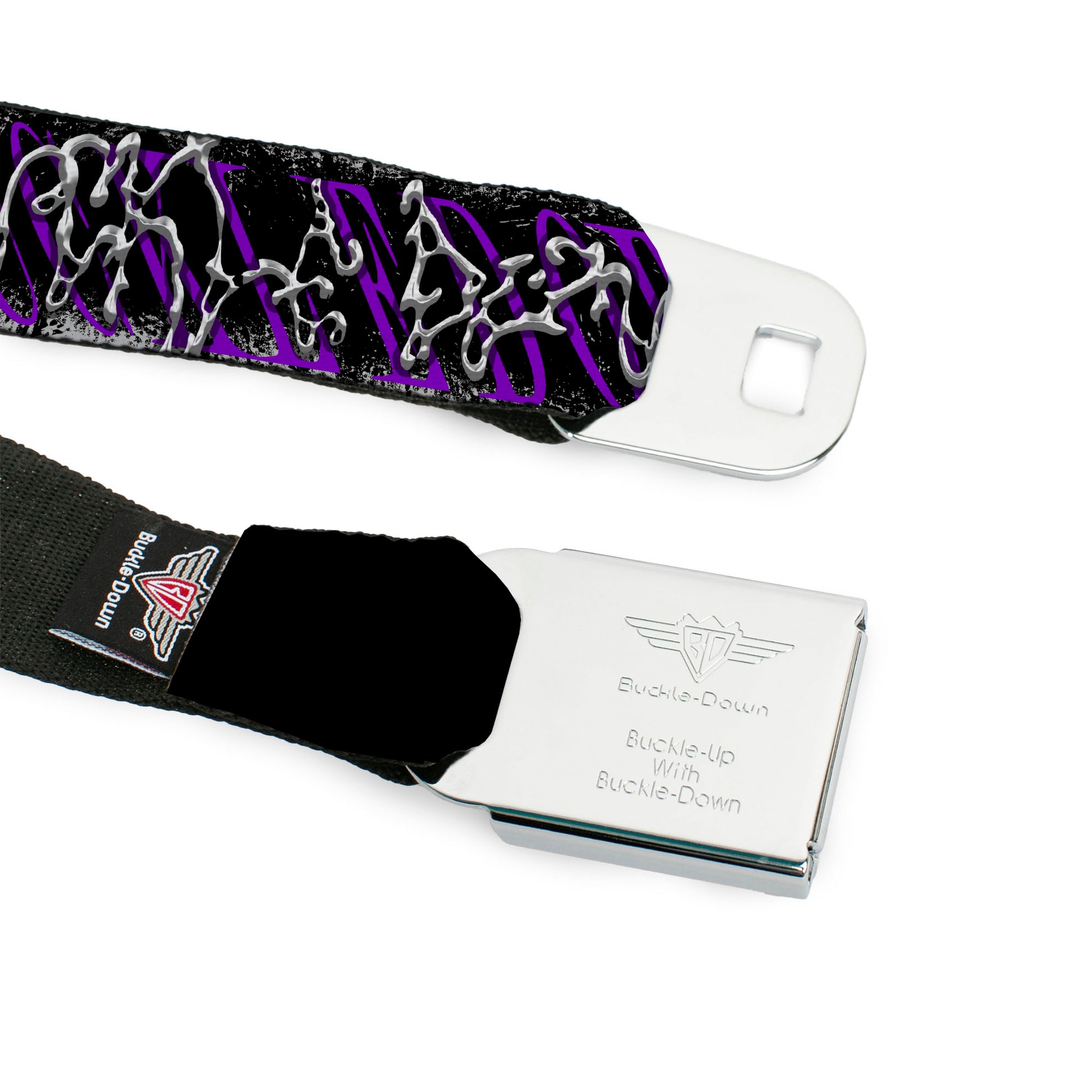 BD Wings Logo CLOSE-UP Black/Silver Seatbelt Belt - BUCKLE-DOWN Cyber Abstract Black/Purple/Grays Webbing Seatbelt Belts Buckle-Down