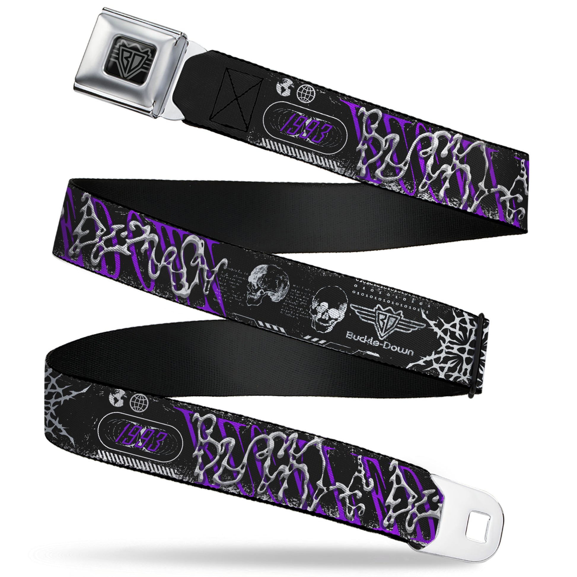 BD Wings Logo CLOSE-UP Black/Silver Seatbelt Belt - BUCKLE-DOWN Cyber Abstract Black/Purple/Grays Webbing Seatbelt Belts Buckle-Down