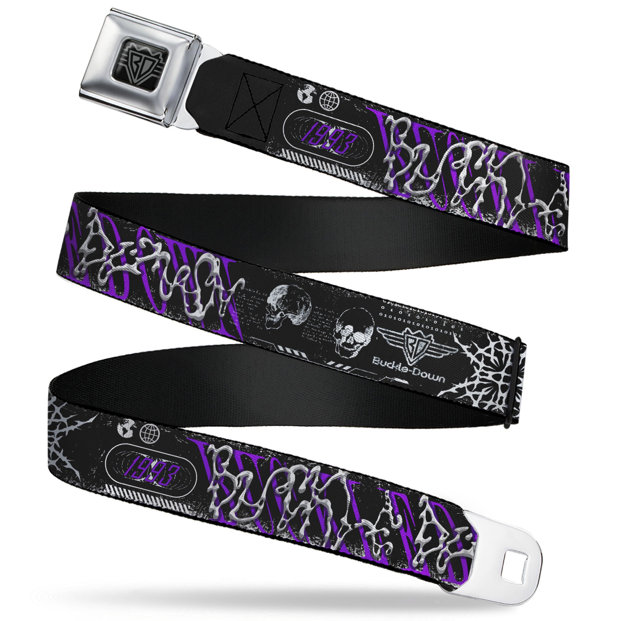 BD Wings Logo CLOSE-UP Black/Silver Seatbelt Belt - BUCKLE-DOWN Cyber Abstract Black/Purple/Grays Webbing Seatbelt Belts Buckle-Down