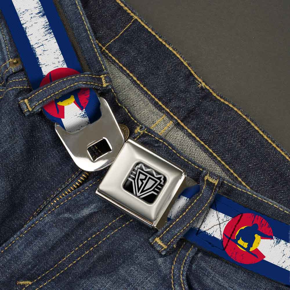 BD Wings Logo CLOSE-UP Full Color Black Silver Seatbelt Belt - Colorado Flag/Snowboarder Weathered Webbing Seatbelt Belts Buckle-Down