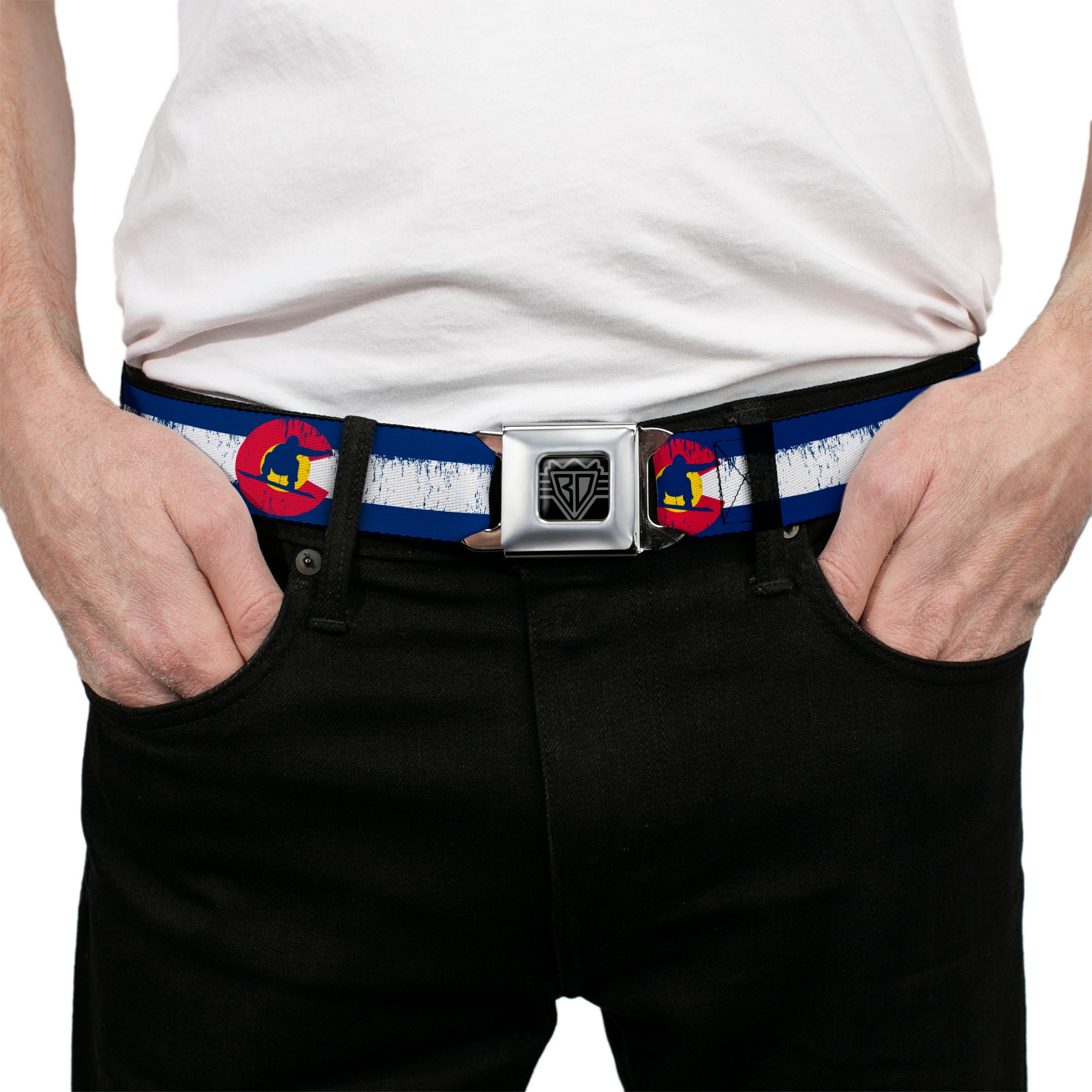 BD Wings Logo CLOSE-UP Full Color Black Silver Seatbelt Belt - Colorado Flag/Snowboarder Weathered Webbing Seatbelt Belts Buckle-Down