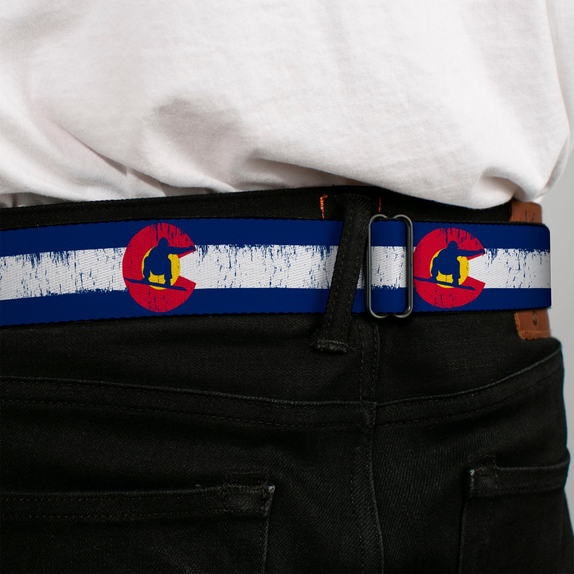 BD Wings Logo CLOSE-UP Full Color Black Silver Seatbelt Belt - Colorado Flag/Snowboarder Weathered Webbing Seatbelt Belts Buckle-Down