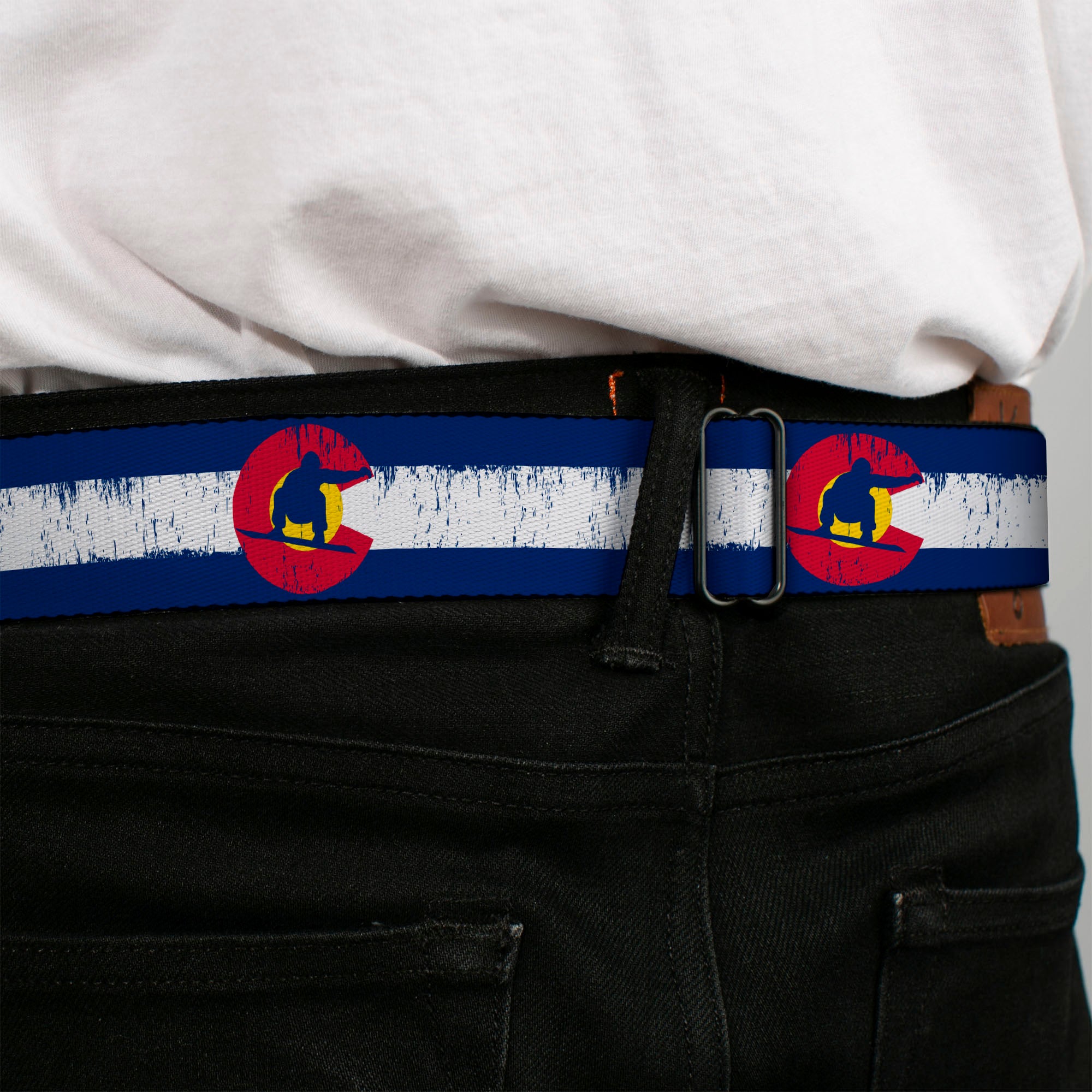 BD Wings Logo CLOSE-UP Full Color Black Silver Seatbelt Belt - Colorado Flag/Snowboarder Weathered Webbing Seatbelt Belts Buckle-Down
