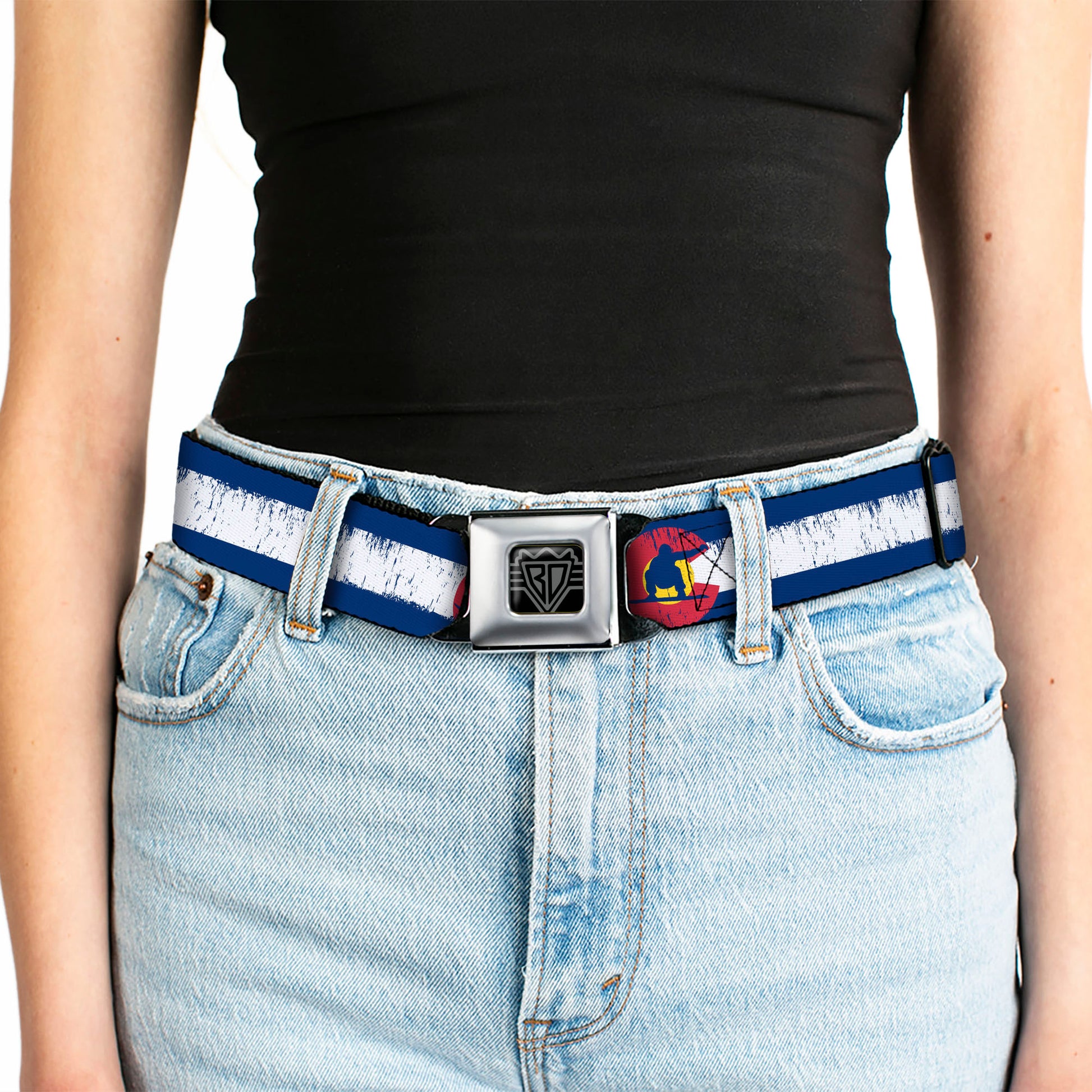 BD Wings Logo CLOSE-UP Full Color Black Silver Seatbelt Belt - Colorado Flag/Snowboarder Weathered Webbing Seatbelt Belts Buckle-Down