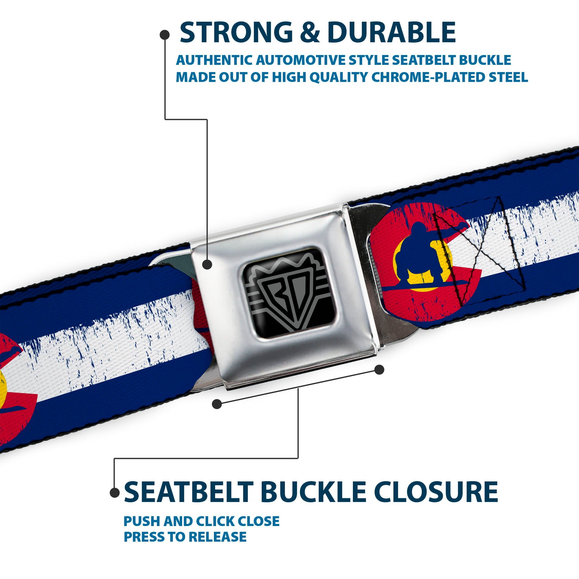 BD Wings Logo CLOSE-UP Full Color Black Silver Seatbelt Belt - Colorado Flag/Snowboarder Weathered Webbing Seatbelt Belts Buckle-Down