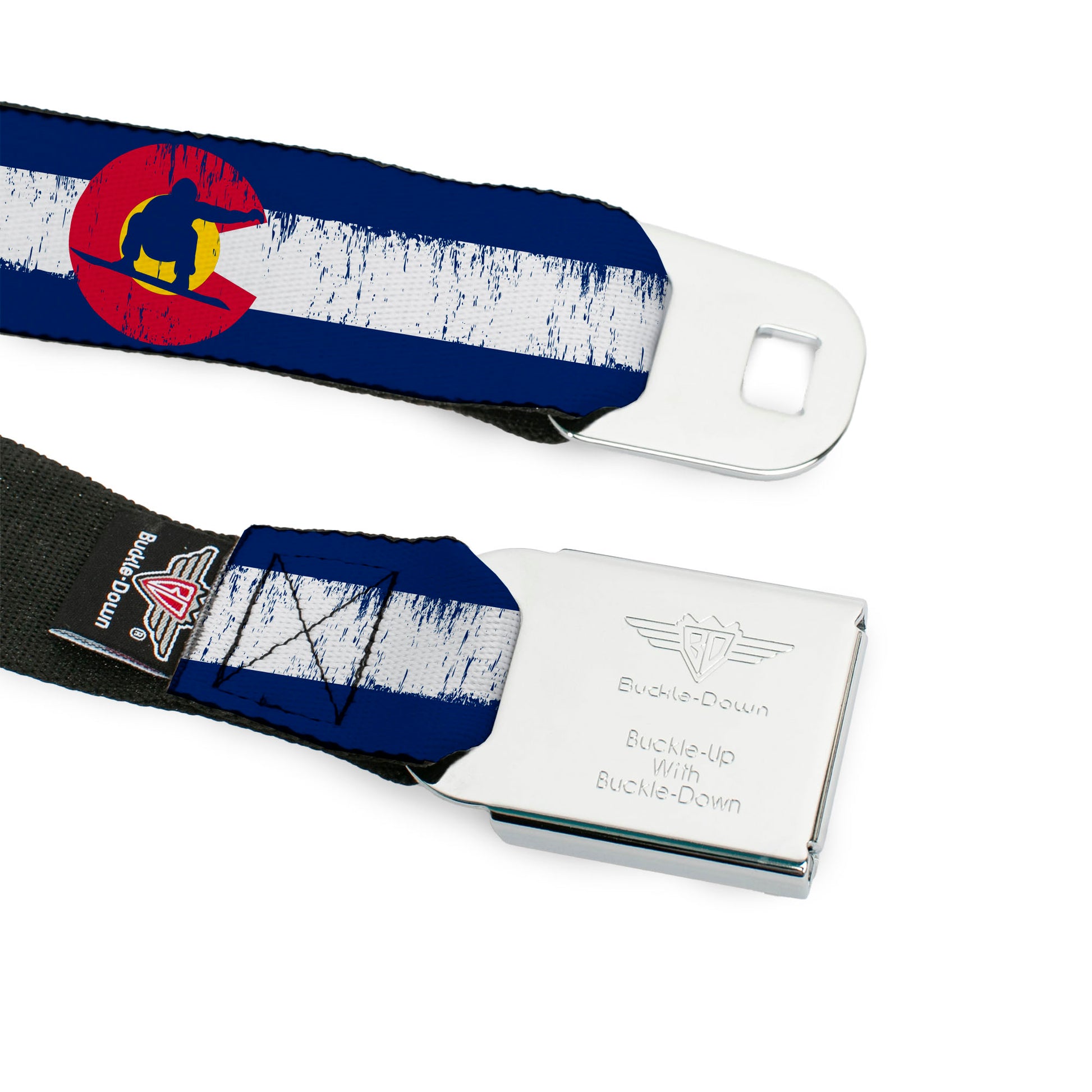 BD Wings Logo CLOSE-UP Full Color Black Silver Seatbelt Belt - Colorado Flag/Snowboarder Weathered Webbing Seatbelt Belts Buckle-Down
