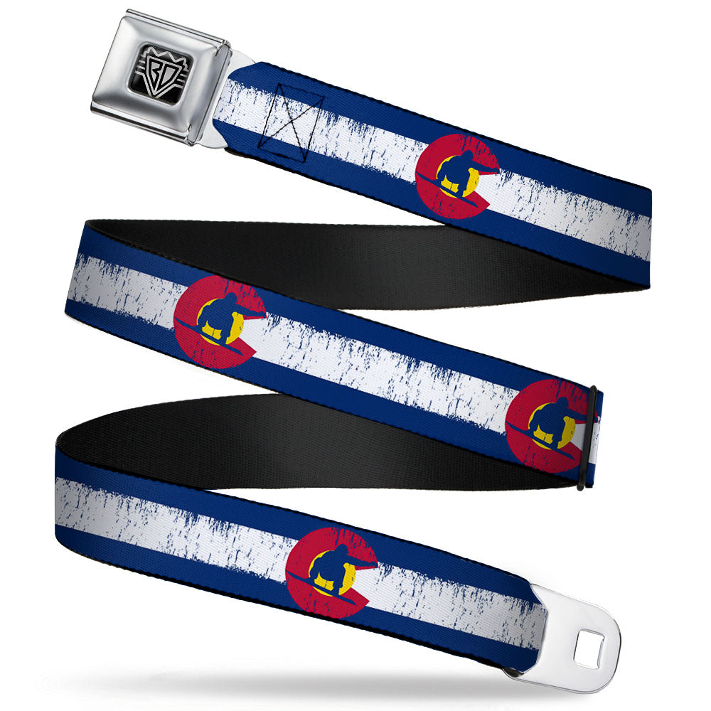 BD Wings Logo CLOSE-UP Full Color Black Silver Seatbelt Belt - Colorado Flag/Snowboarder Weathered Webbing Seatbelt Belts Buckle-Down