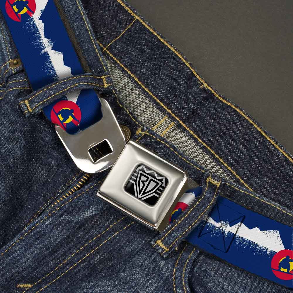 BD Wings Logo CLOSE-UP Full Color Black Silver Seatbelt Belt - Colorado Snowboarder/Snowy Mountains Weathered Webbing Seatbelt Belts Buckle-Down