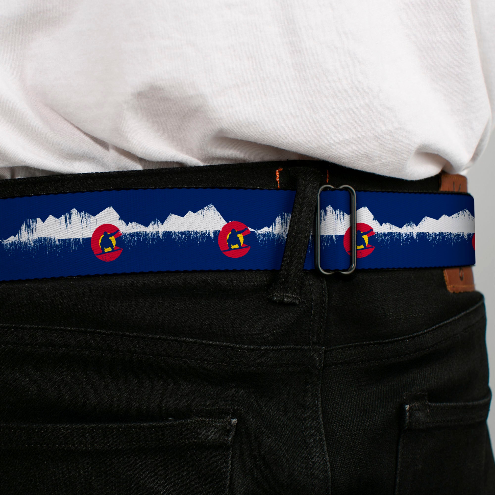 BD Wings Logo CLOSE-UP Full Color Black Silver Seatbelt Belt - Colorado Snowboarder/Snowy Mountains Weathered Webbing Seatbelt Belts Buckle-Down