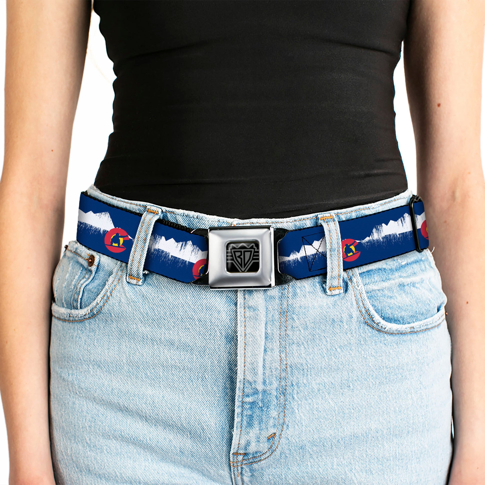 BD Wings Logo CLOSE-UP Full Color Black Silver Seatbelt Belt - Colorado Snowboarder/Snowy Mountains Weathered Webbing Seatbelt Belts Buckle-Down