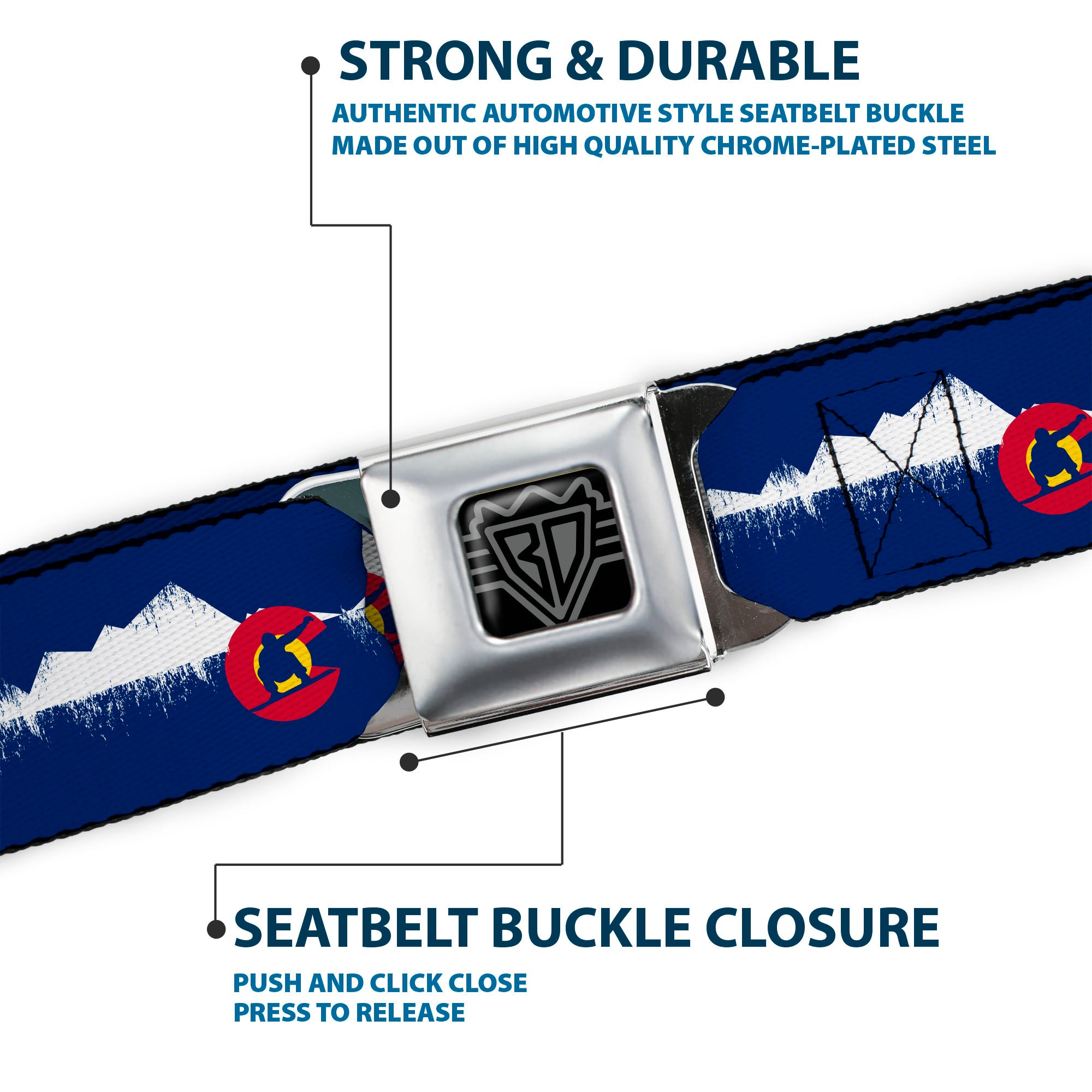 BD Wings Logo CLOSE-UP Full Color Black Silver Seatbelt Belt - Colorado Snowboarder/Snowy Mountains Weathered Webbing Seatbelt Belts Buckle-Down