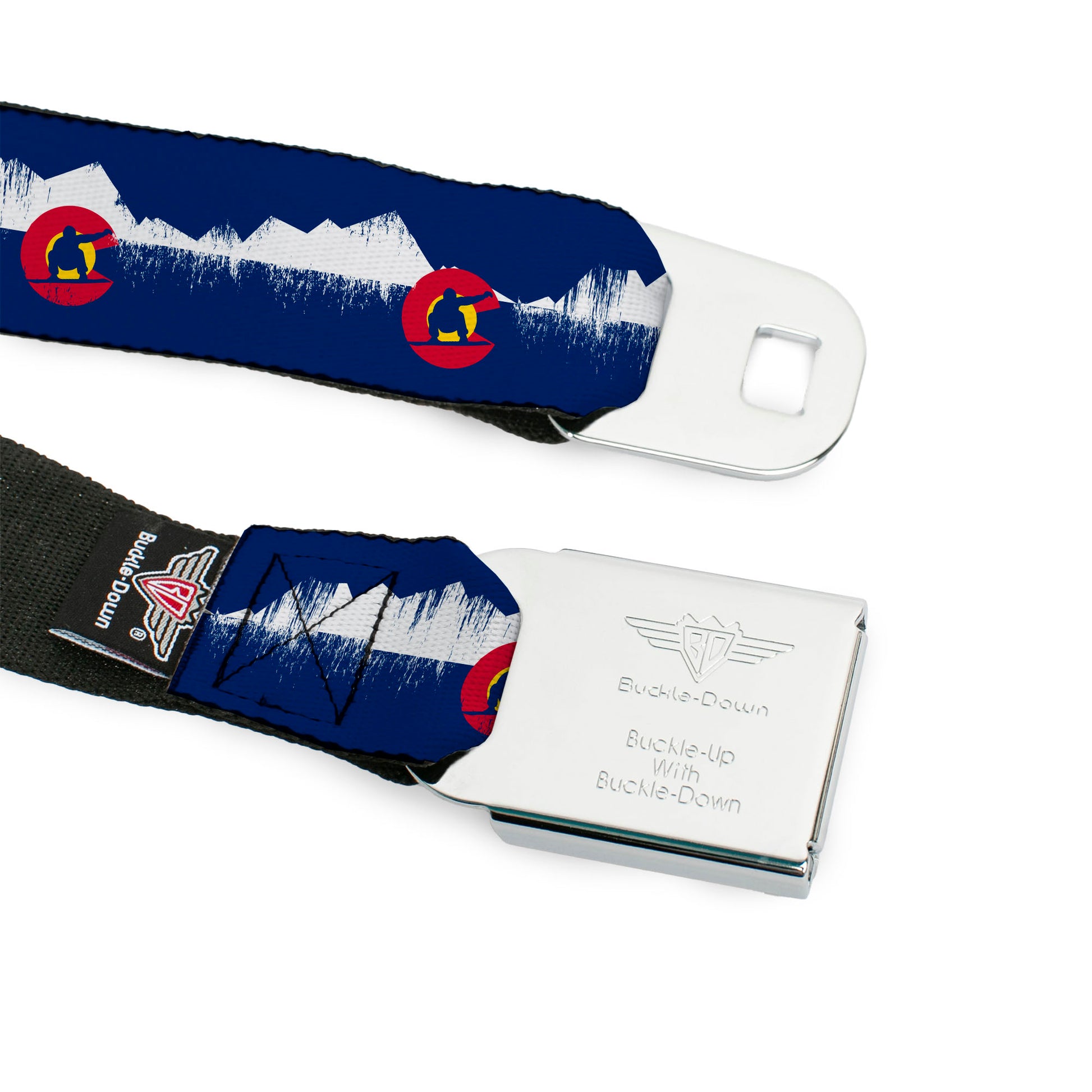 BD Wings Logo CLOSE-UP Full Color Black Silver Seatbelt Belt - Colorado Snowboarder/Snowy Mountains Weathered Webbing Seatbelt Belts Buckle-Down
