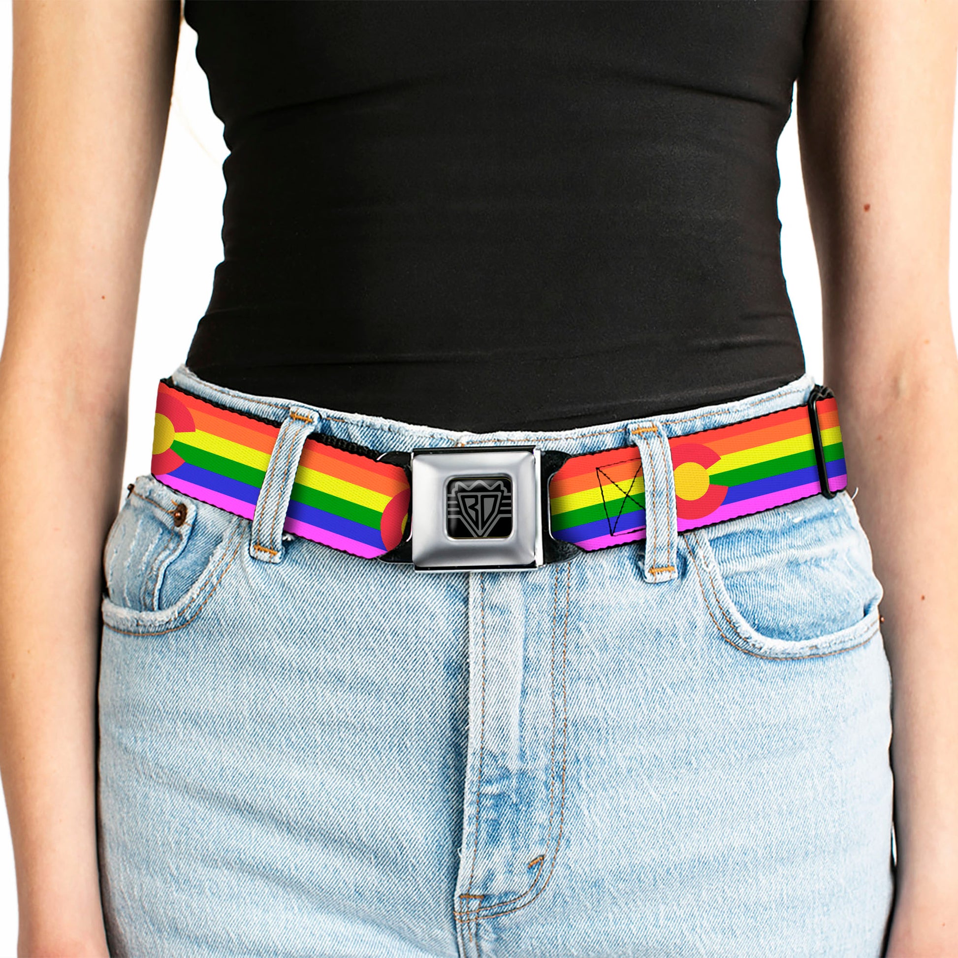 BD Wings Logo CLOSE-UP Full Color Black Silver Seatbelt Belt - Colorado Flags2 Pride Webbing Seatbelt Belts Buckle-Down