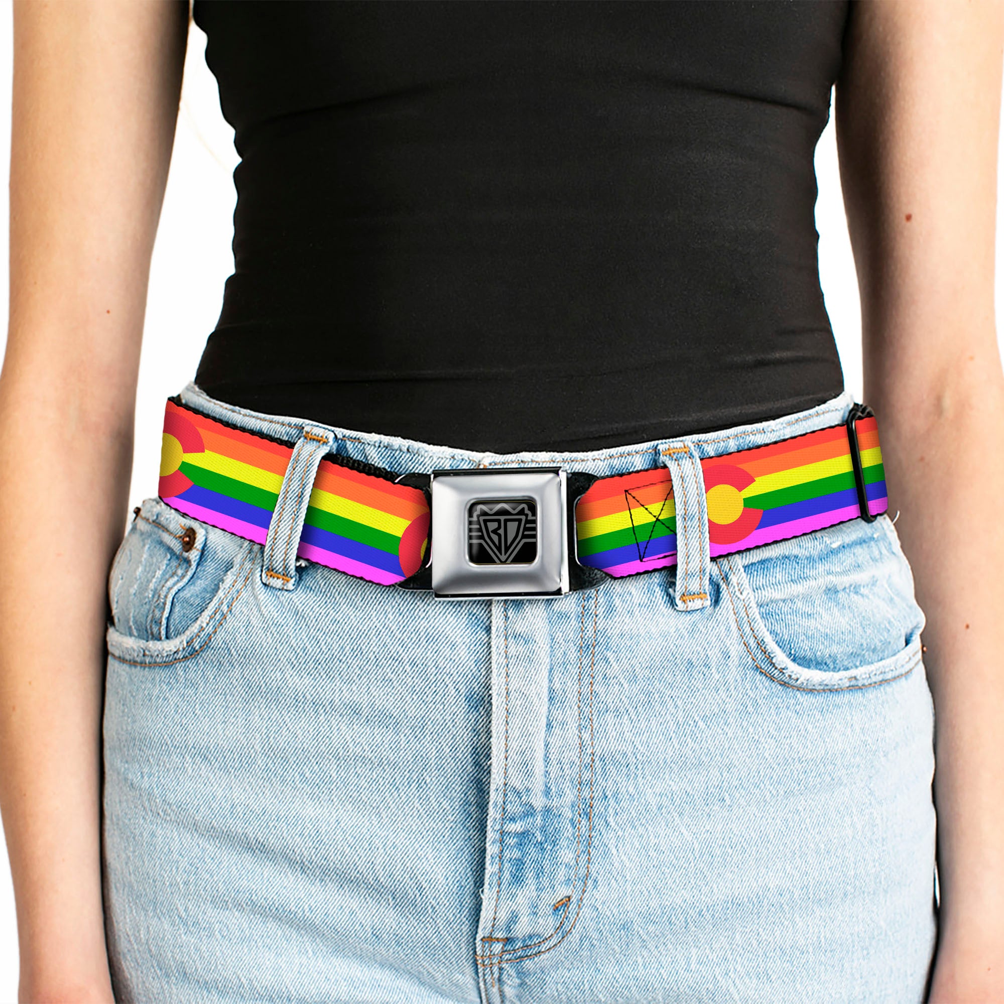 BD Wings Logo CLOSE-UP Full Color Black Silver Seatbelt Belt - Colorado Flags2 Pride Webbing Seatbelt Belts Buckle-Down