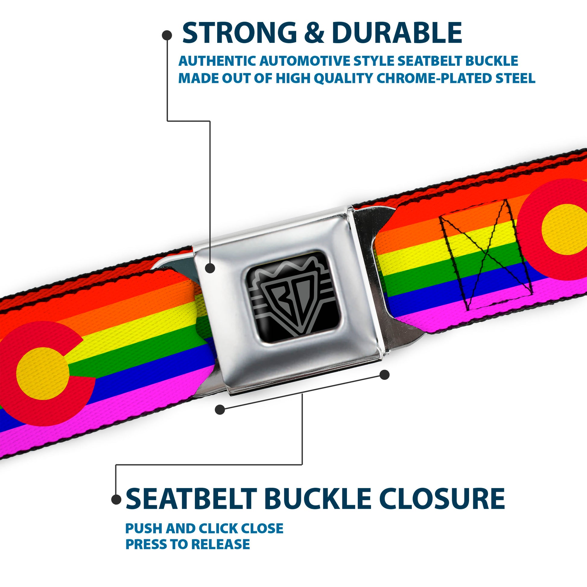 BD Wings Logo CLOSE-UP Full Color Black Silver Seatbelt Belt - Colorado Flags2 Pride Webbing Seatbelt Belts Buckle-Down
