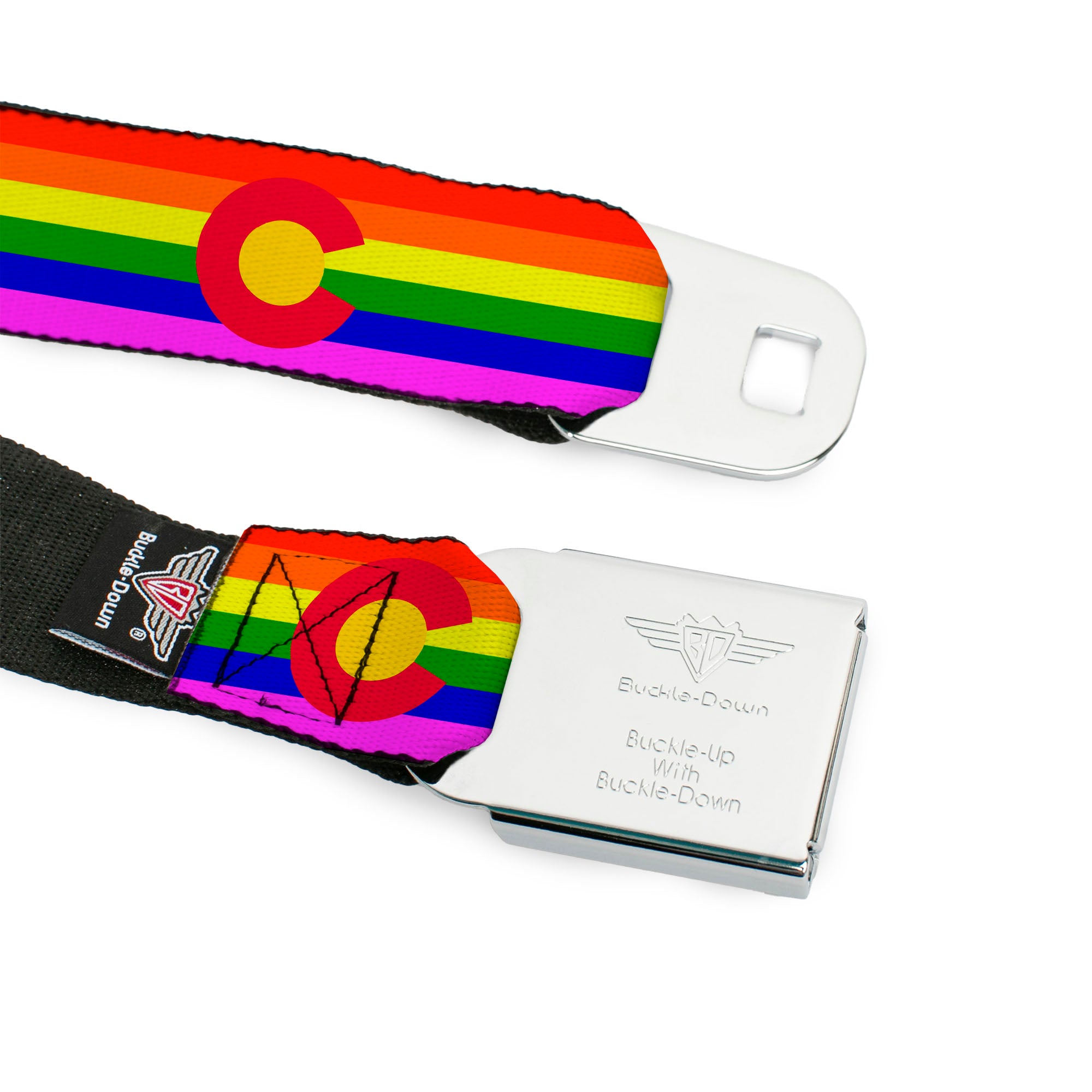 BD Wings Logo CLOSE-UP Full Color Black Silver Seatbelt Belt - Colorado Flags2 Pride Webbing Seatbelt Belts Buckle-Down
