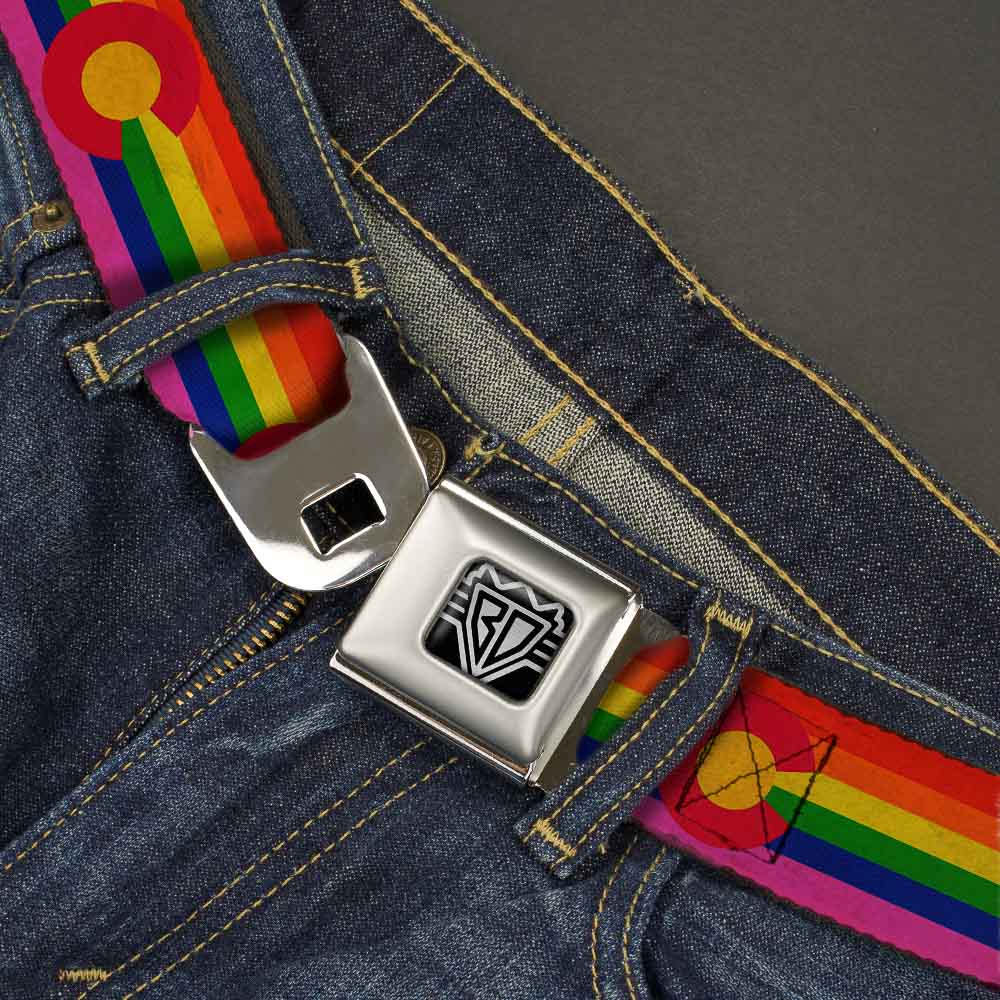 BD Wings Logo CLOSE-UP Full Color Black Silver Seatbelt Belt - Colorado Flags2 Pride Vintage Webbing Seatbelt Belts Buckle-Down