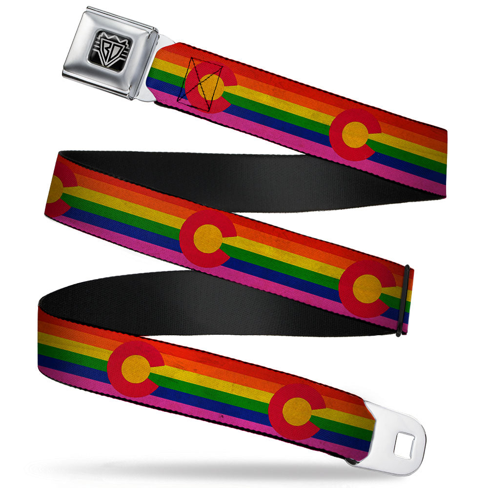 BD Wings Logo CLOSE-UP Full Color Black Silver Seatbelt Belt - Colorado Flags2 Pride Vintage Webbing Seatbelt Belts Buckle-Down