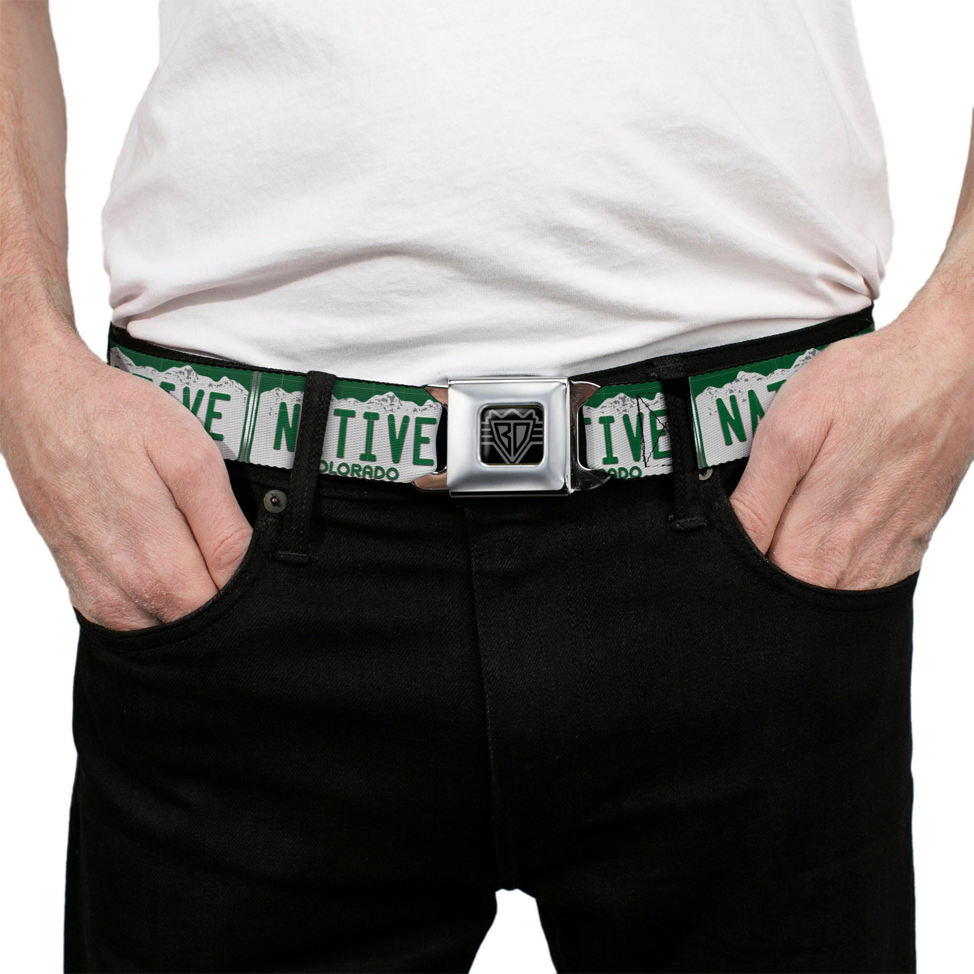 BD Wings Logo CLOSE-UP Full Color Black Silver Seatbelt Belt - Colorado License Plate NATIVE Webbing Seatbelt Belts Buckle-Down