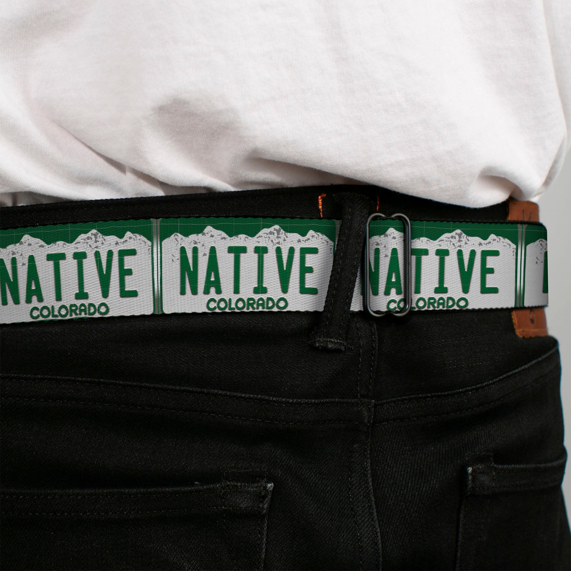 BD Wings Logo CLOSE-UP Full Color Black Silver Seatbelt Belt - Colorado License Plate NATIVE Webbing Seatbelt Belts Buckle-Down