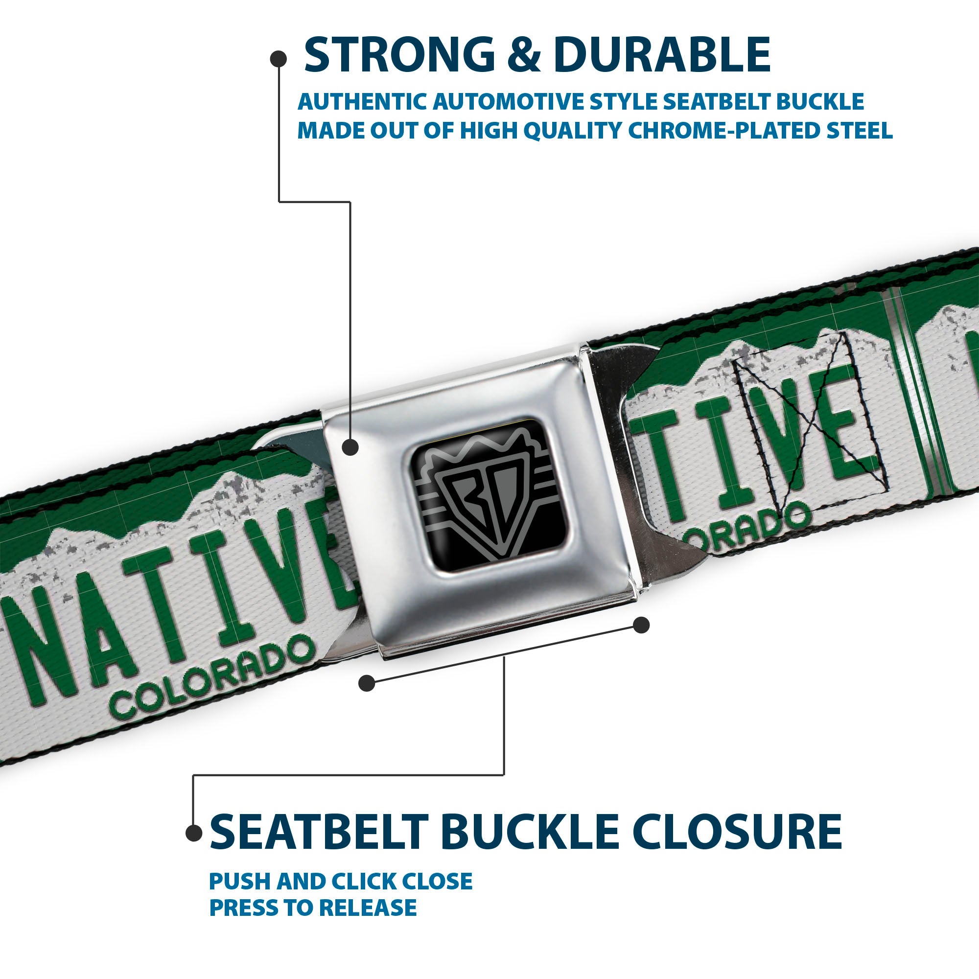 BD Wings Logo CLOSE-UP Full Color Black Silver Seatbelt Belt - Colorado License Plate NATIVE Webbing Seatbelt Belts Buckle-Down