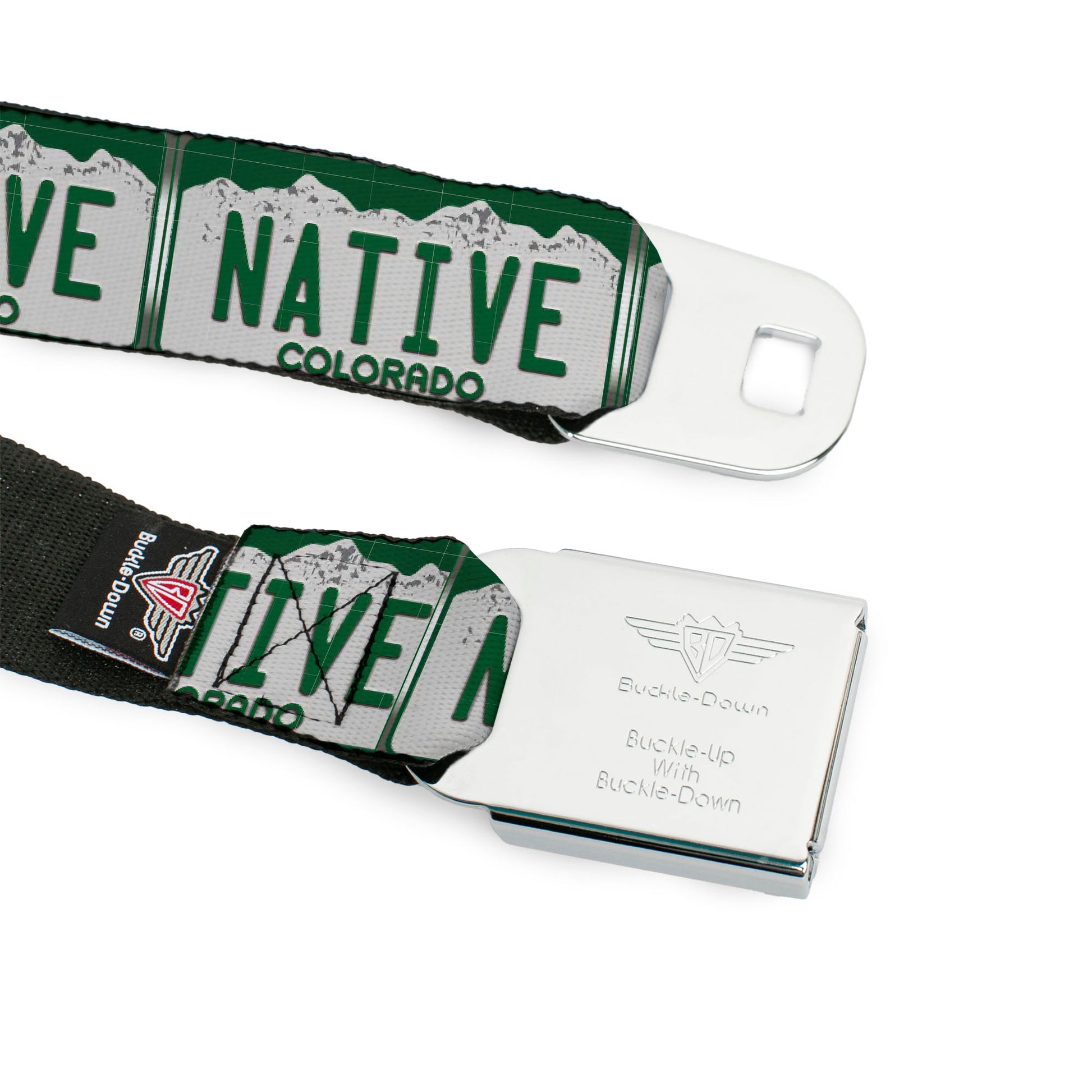 BD Wings Logo CLOSE-UP Full Color Black Silver Seatbelt Belt - Colorado License Plate NATIVE Webbing Seatbelt Belts Buckle-Down