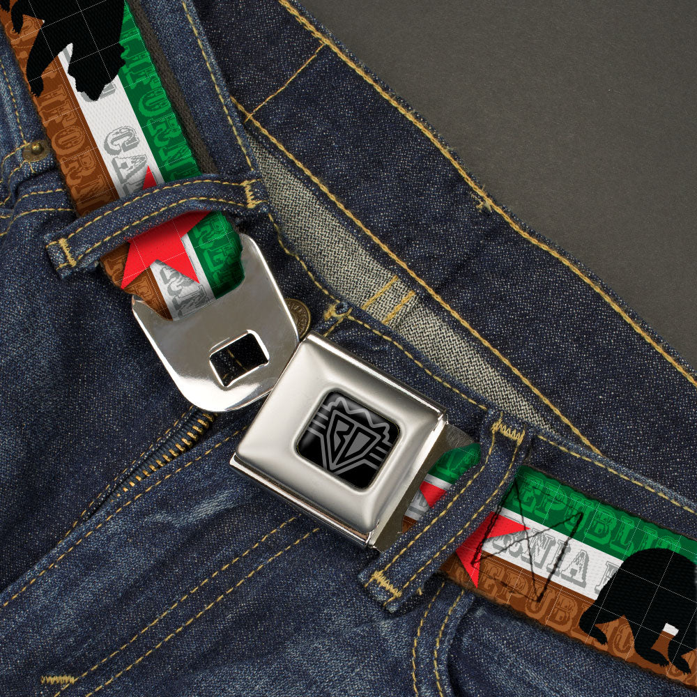 BD Wings Logo CLOSE-UP Black/Silver Seatbelt Belt - Cali Bear Silhouette & Star/CALIFORNIA REPUBLIC Green/White/Brown/Black/Red Webbing Seatbelt Belts Buckle-Down