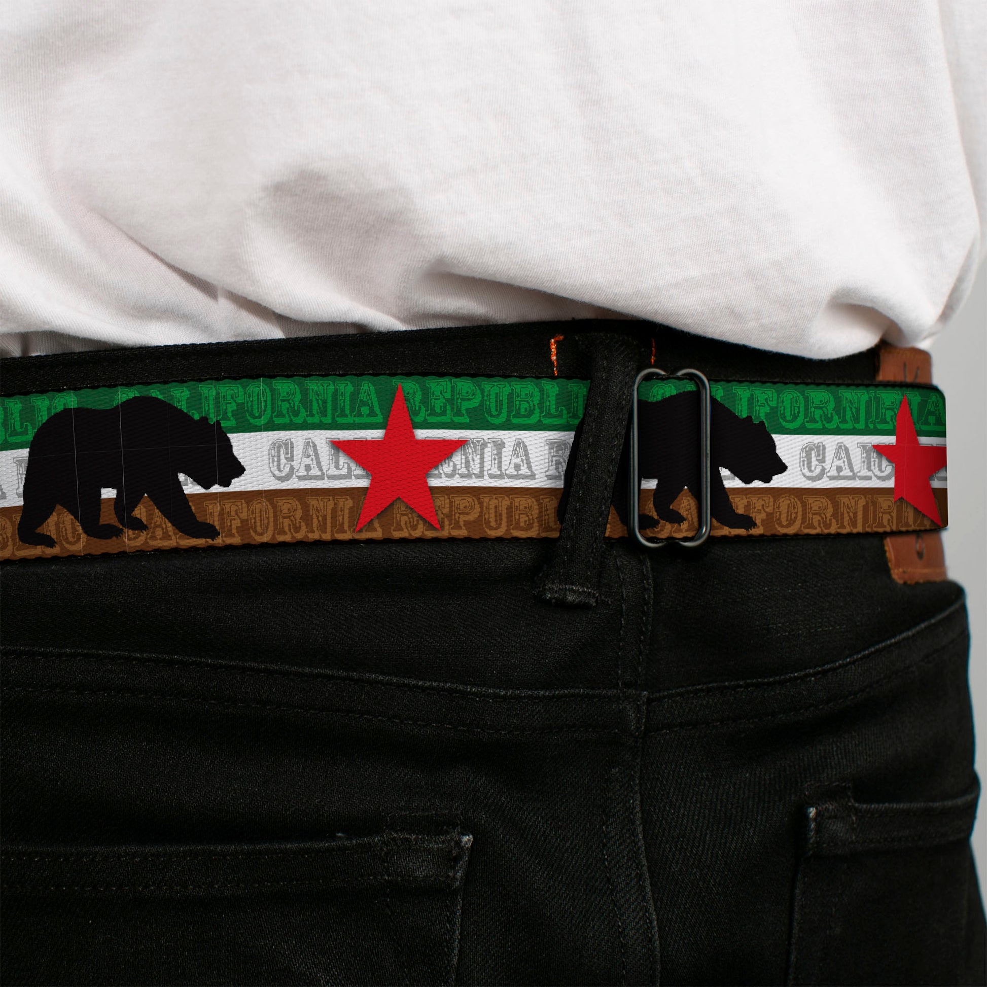 BD Wings Logo CLOSE-UP Black/Silver Seatbelt Belt - Cali Bear Silhouette & Star/CALIFORNIA REPUBLIC Green/White/Brown/Black/Red Webbing Seatbelt Belts Buckle-Down