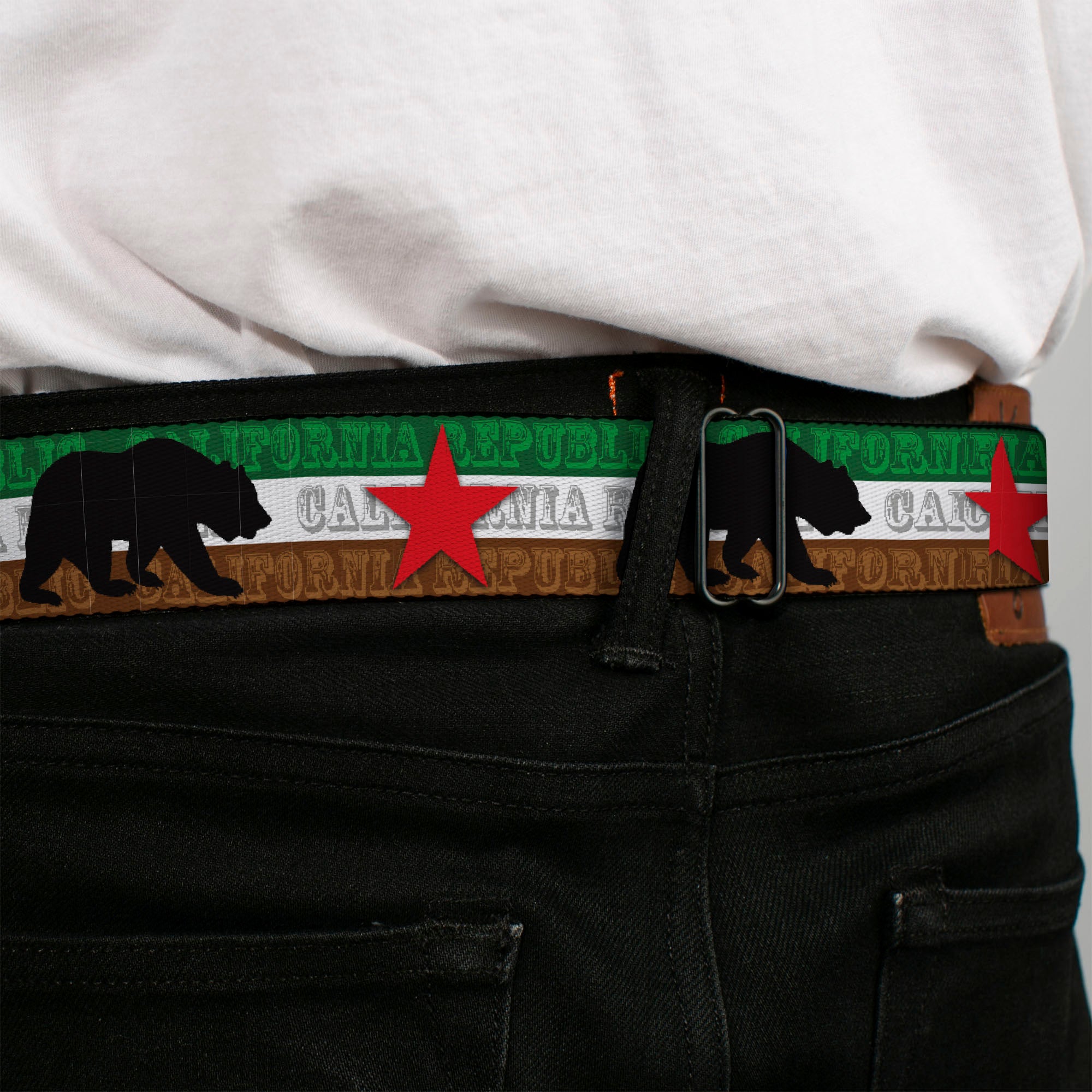 BD Wings Logo CLOSE-UP Black/Silver Seatbelt Belt - Cali Bear Silhouette & Star/CALIFORNIA REPUBLIC Green/White/Brown/Black/Red Webbing Seatbelt Belts Buckle-Down