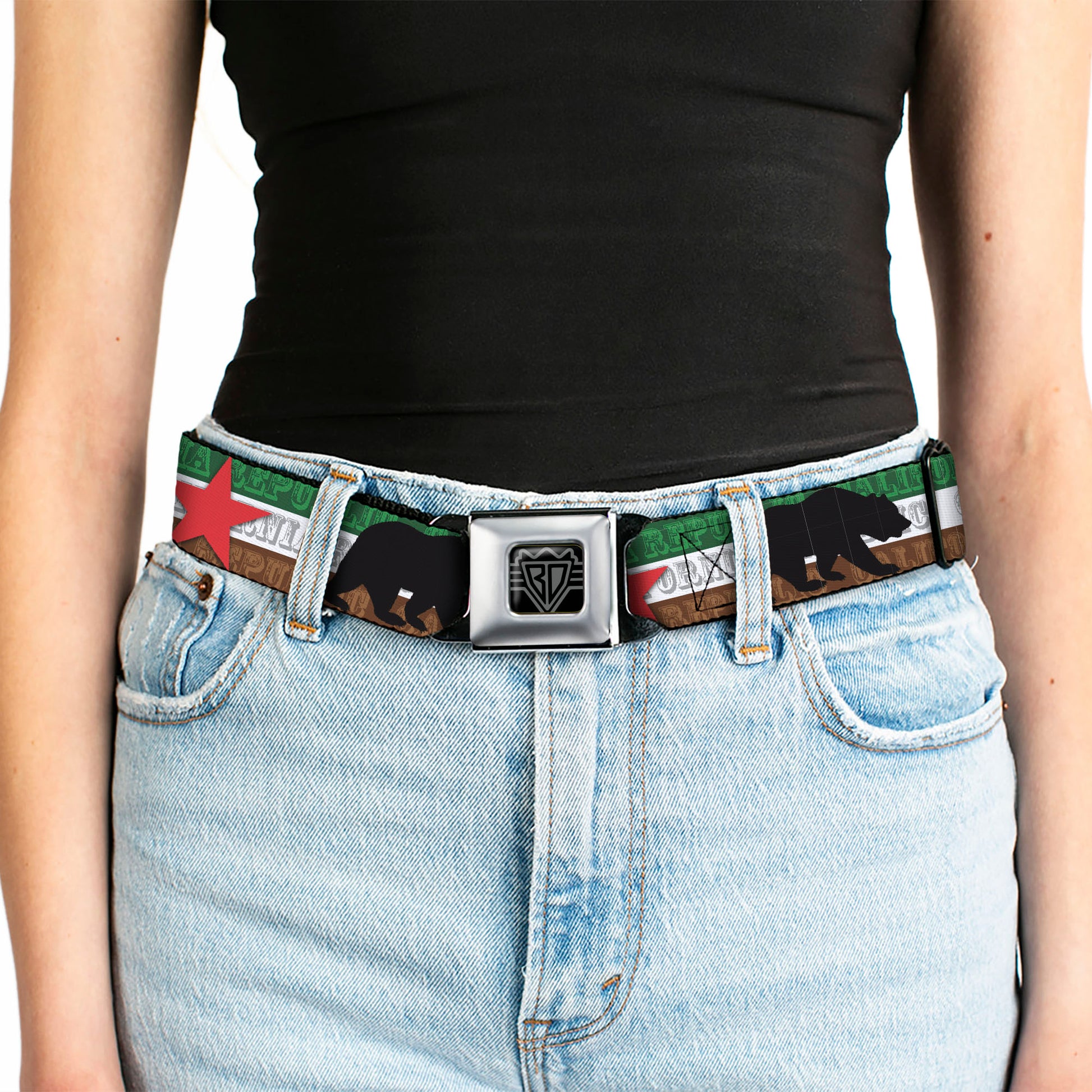BD Wings Logo CLOSE-UP Black/Silver Seatbelt Belt - Cali Bear Silhouette & Star/CALIFORNIA REPUBLIC Green/White/Brown/Black/Red Webbing Seatbelt Belts Buckle-Down